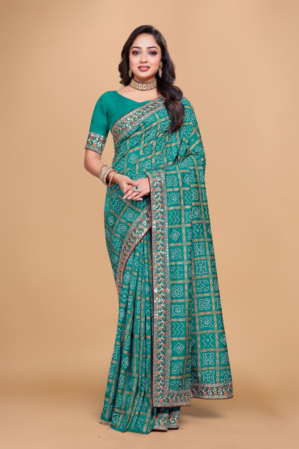 Rama Designer Bandhani Print Georgette Saree with Fancy Lace Border