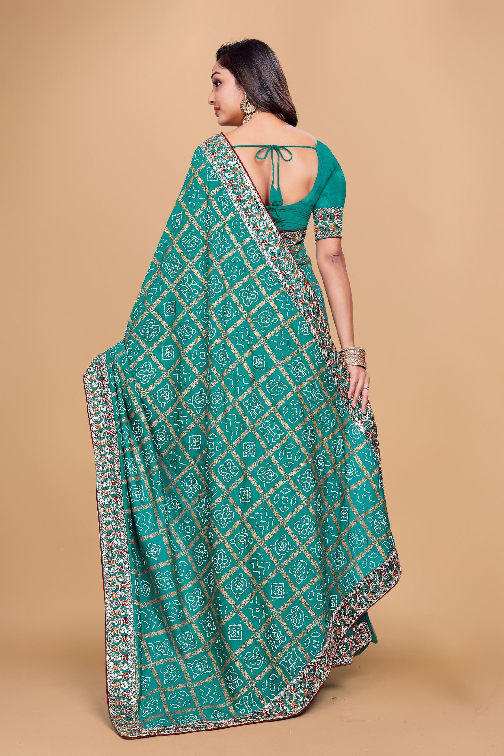 Rama Designer Bandhani Print Georgette Saree with Fancy Lace Border