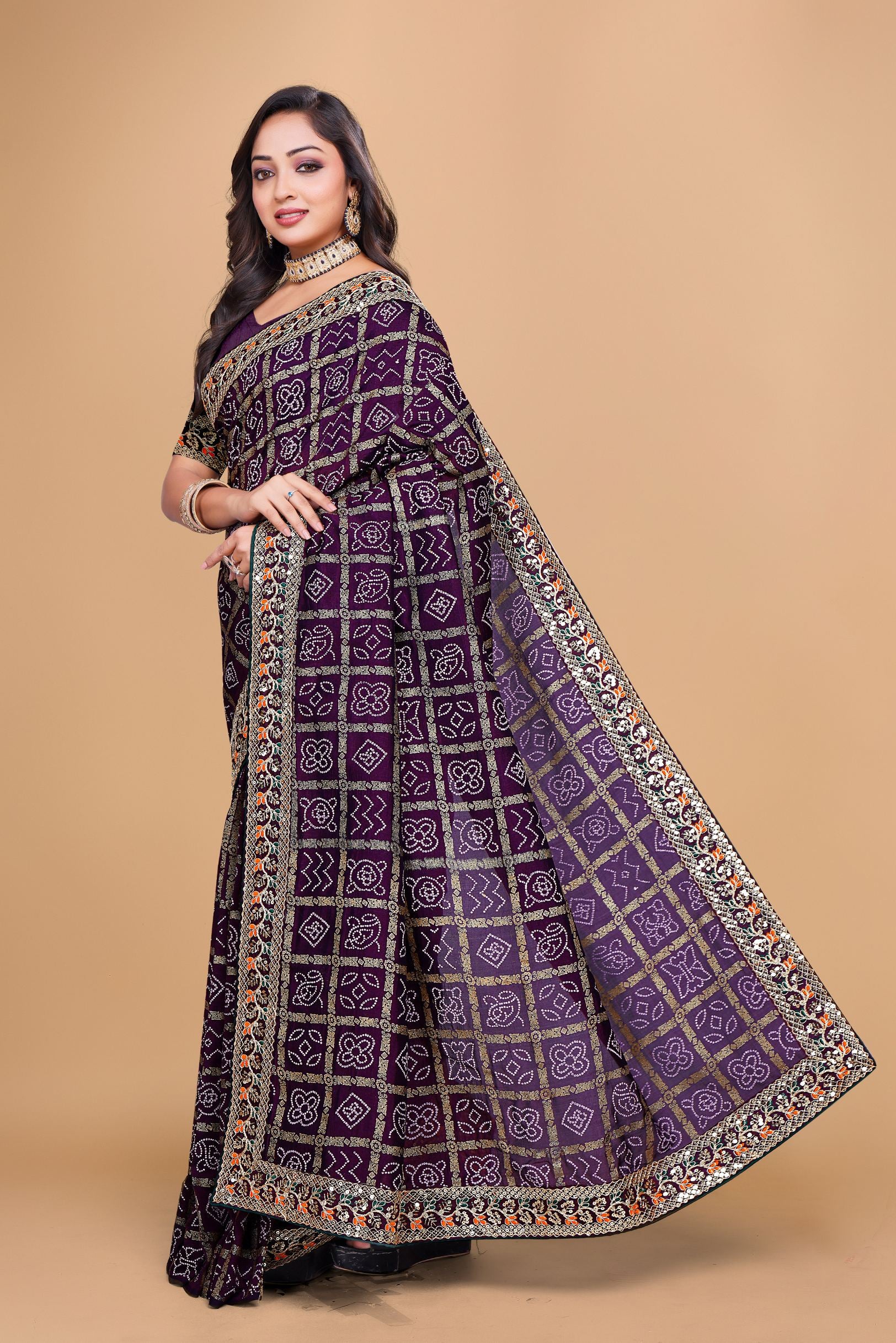 Purple Designer Bandhani Print Georgette Saree with Fancy Lace Border
