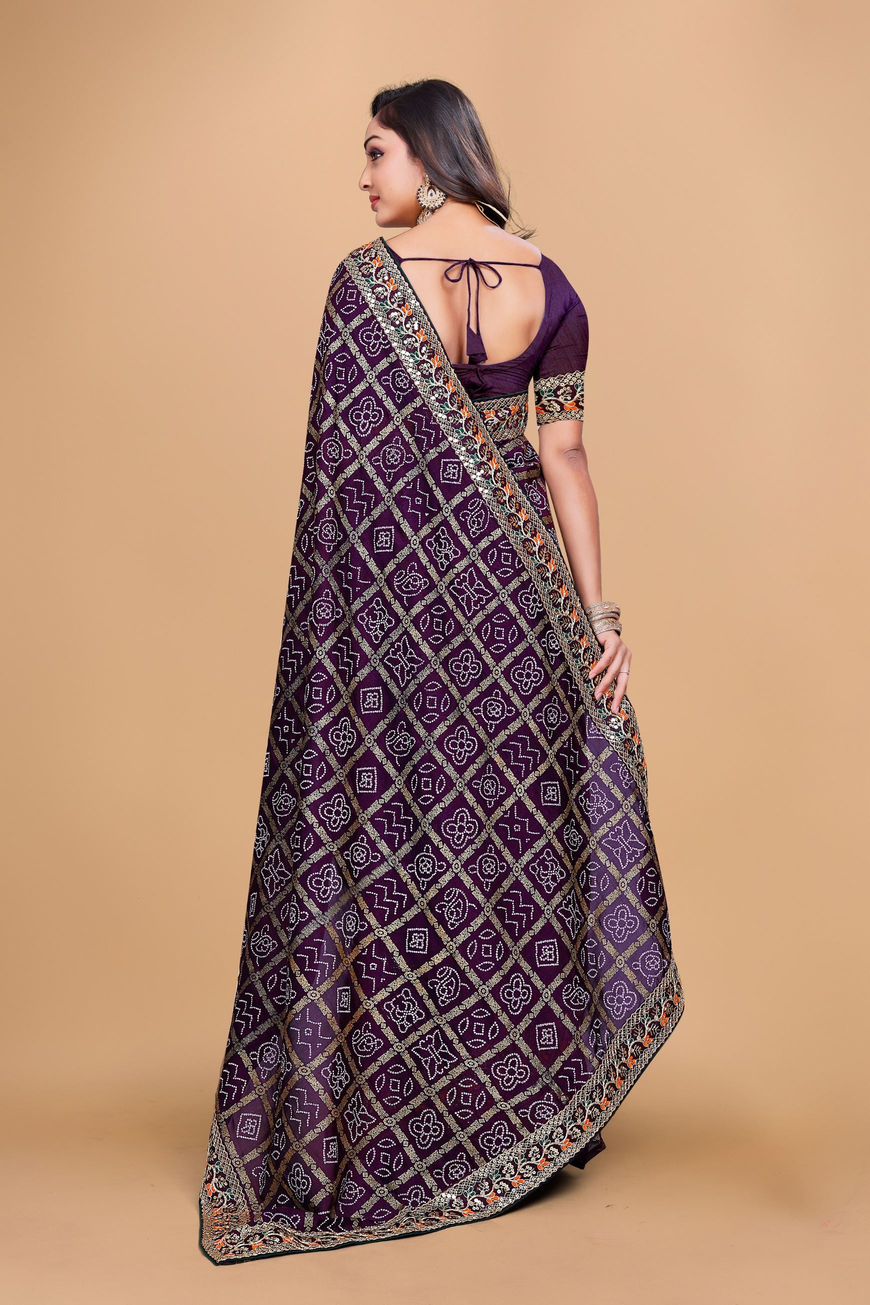 Purple Designer Bandhani Print Georgette Saree with Fancy Lace Border