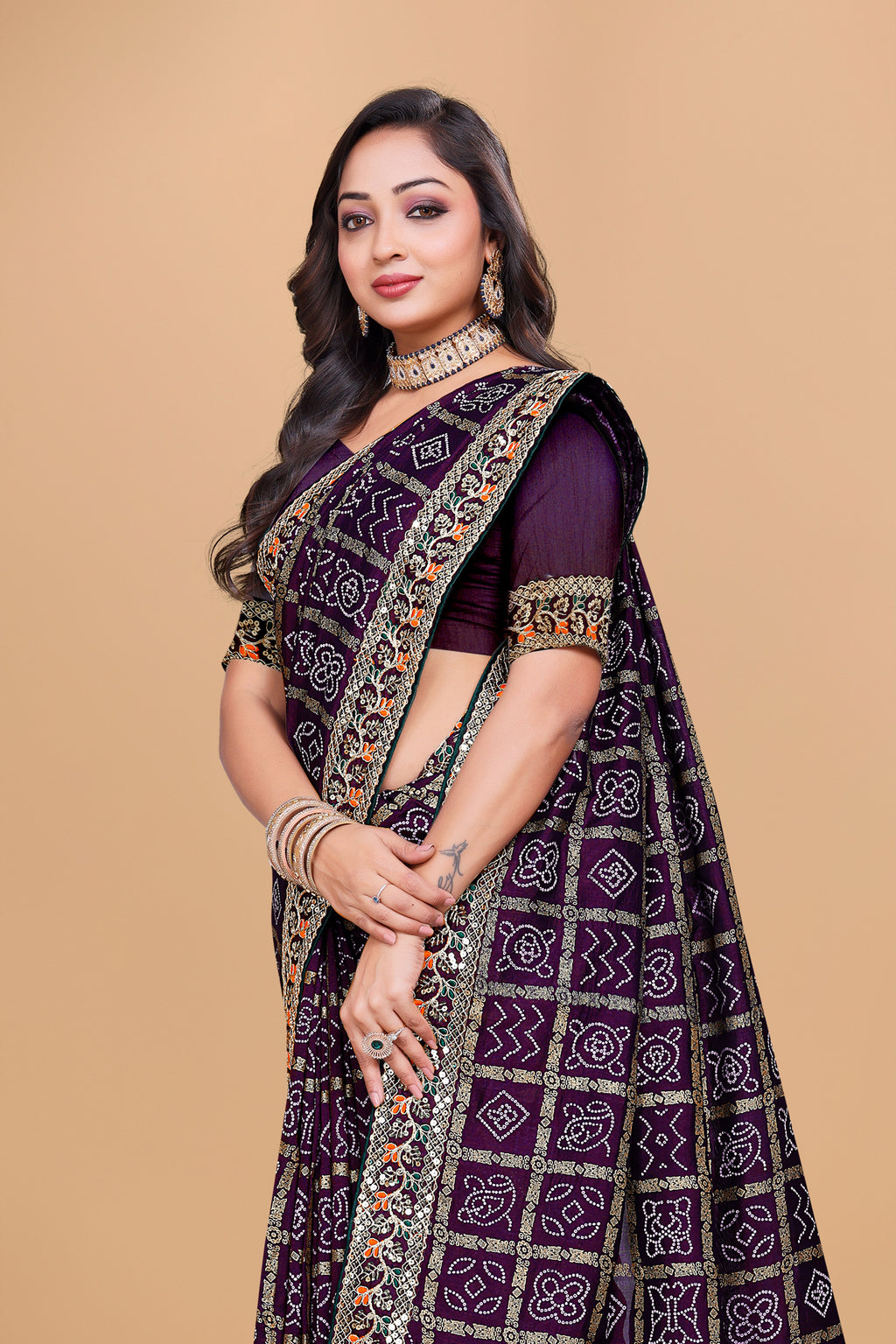 Bandhani Fancy Embroidered Silk Saree With Blouse