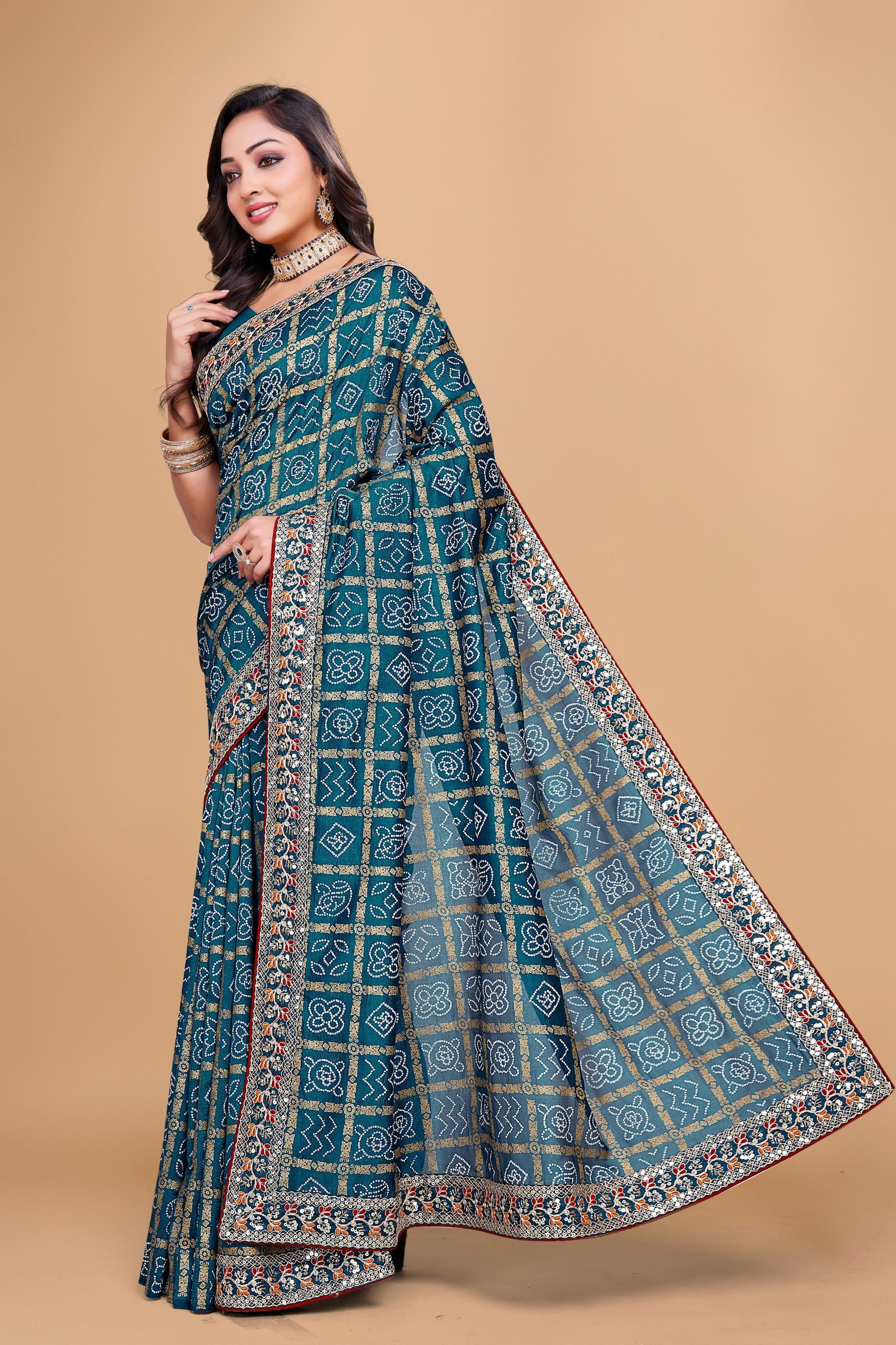 Rama Blue Designer Bandhani Print Georgette Saree with Fancy Lace Border