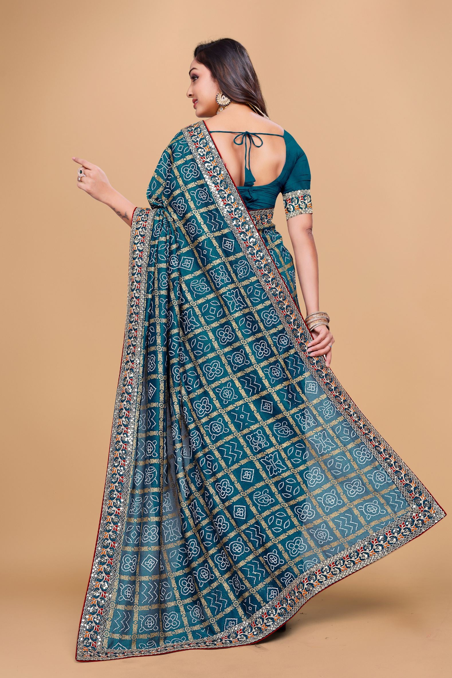 Rama Blue Designer Bandhani Print Georgette Saree with Fancy Lace Border