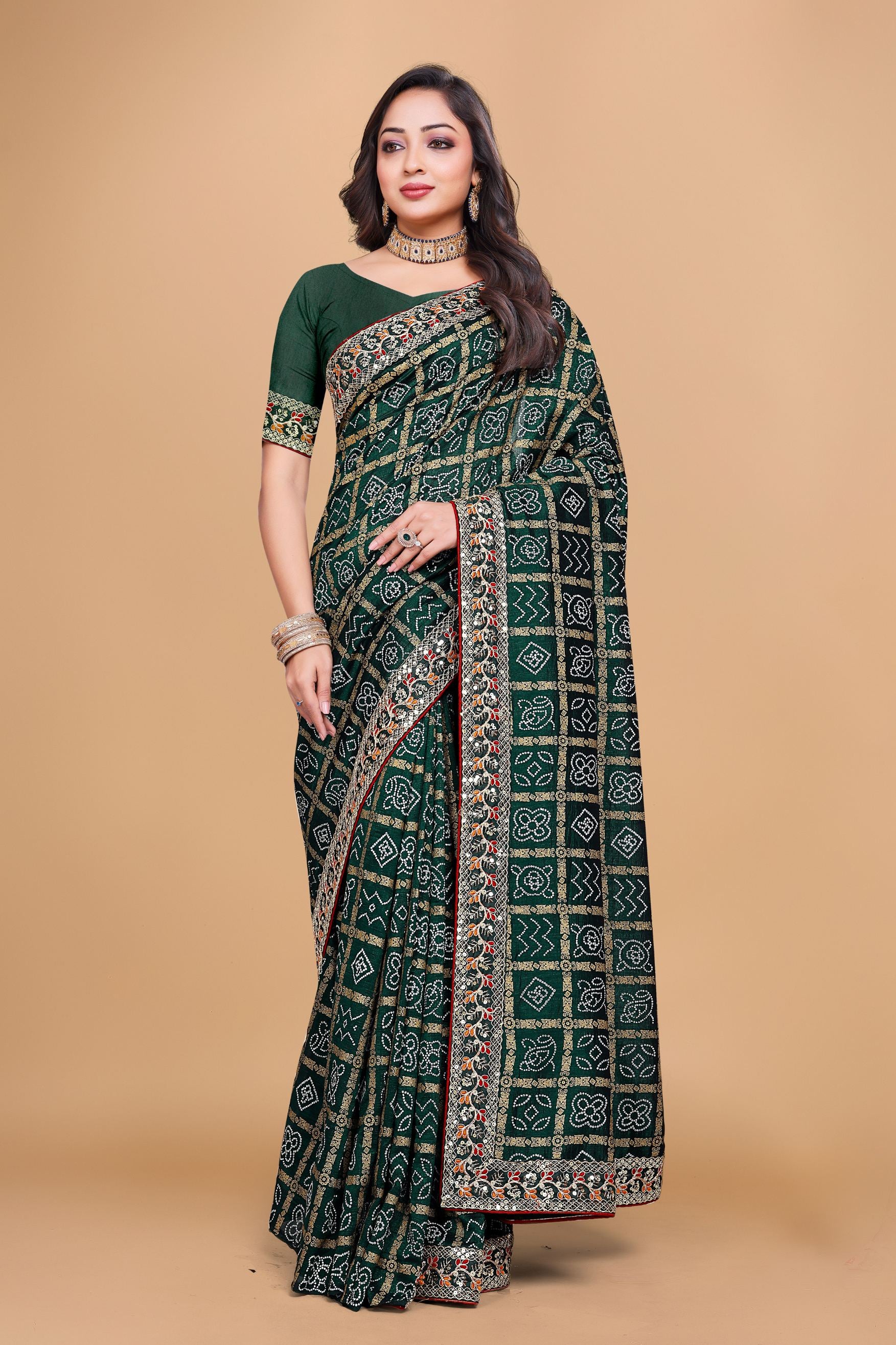 Green Designer Bandhani Print Georgette Saree with Fancy Lace Border