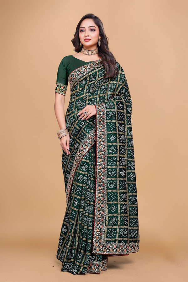 Green Designer Bandhani Print Georgette Saree with Fancy Lace Border