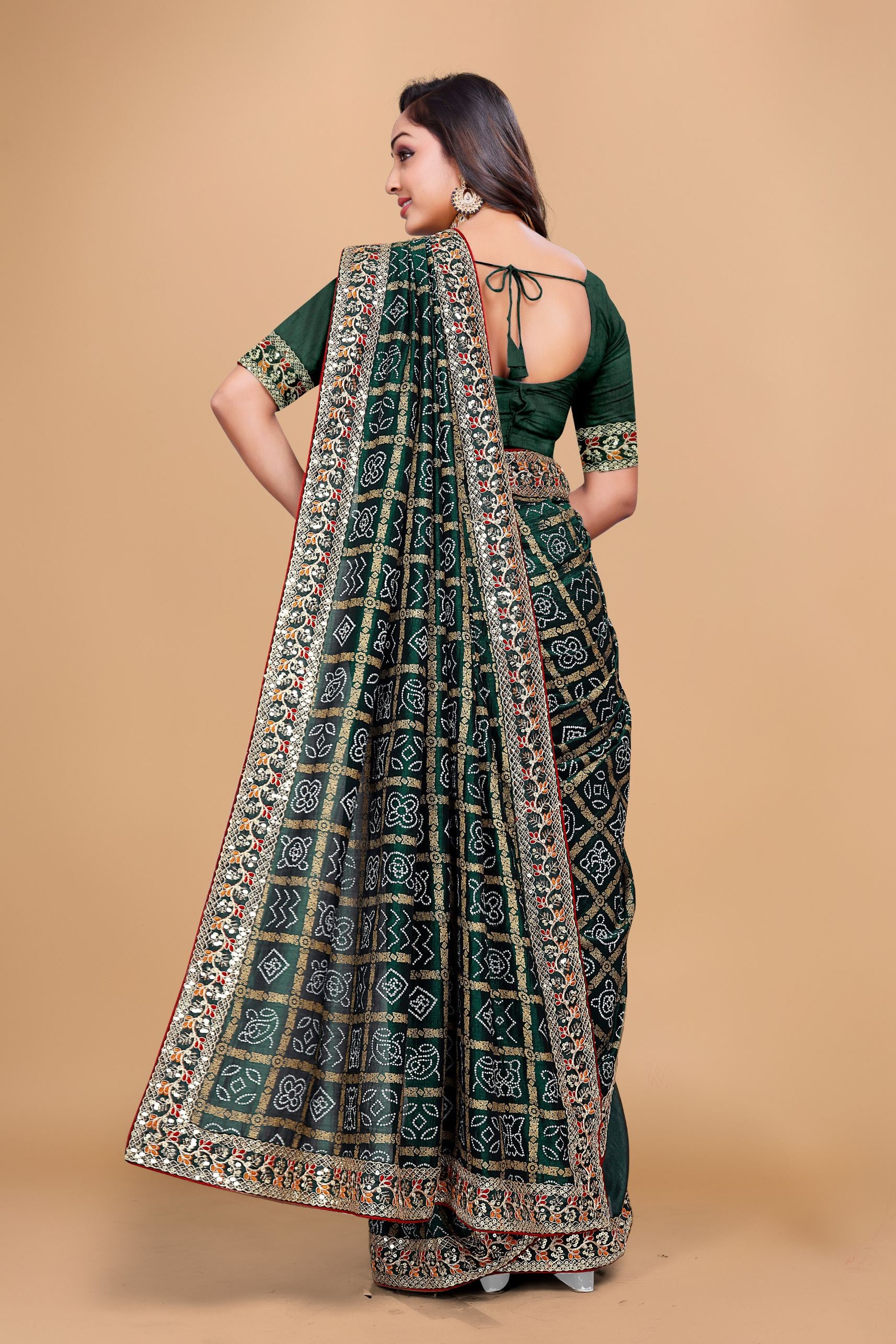 Green Designer Bandhani Print Georgette Saree with Fancy Lace Border