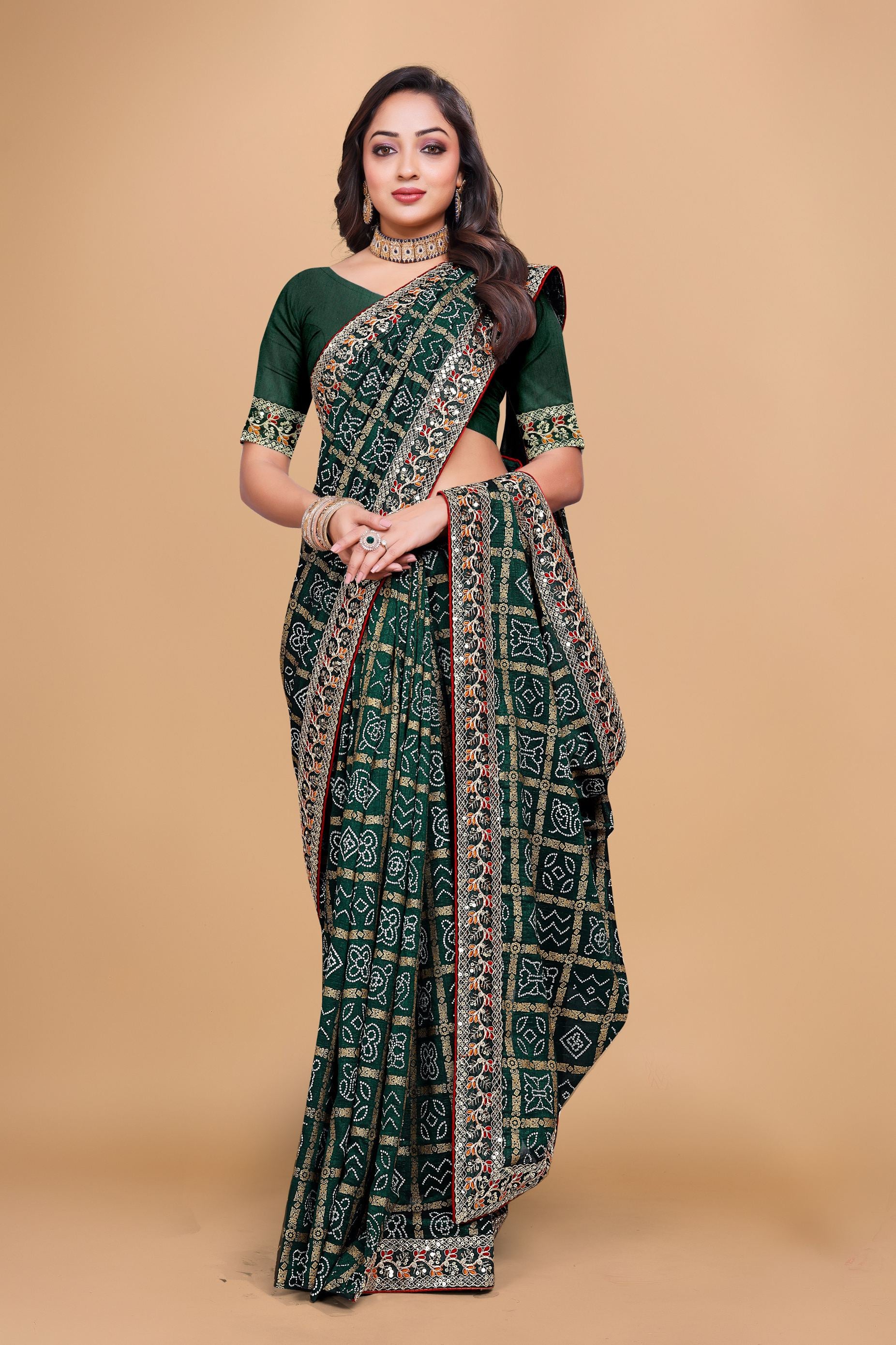 Green Designer Bandhani Print Georgette Saree with Fancy Lace Border