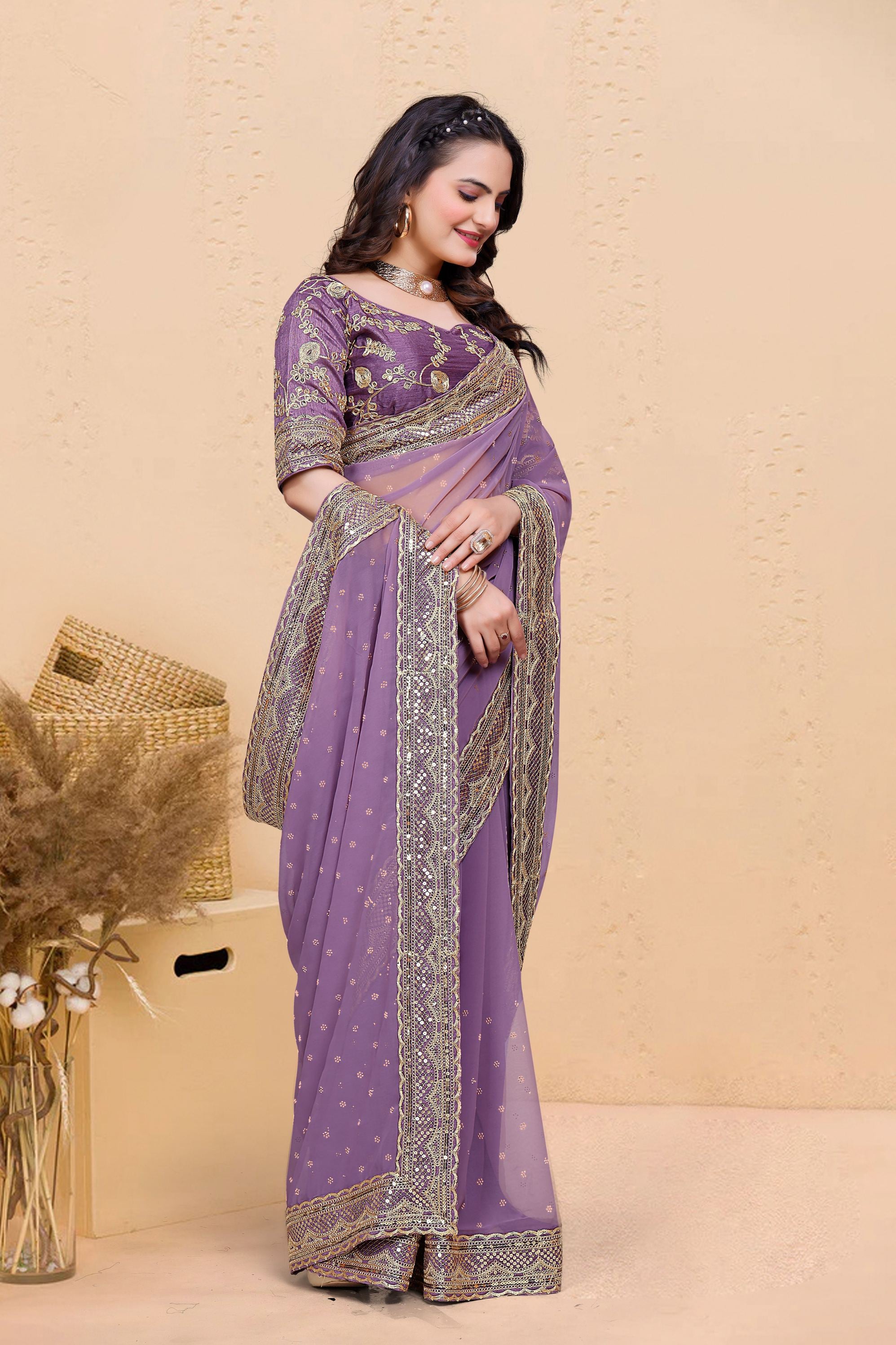 Lavender Soft Georgette Sequence Butti & Heavy Lace Border Saree