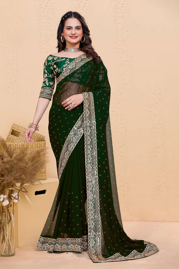 Green Soft Georgette Sequence Butti & Heavy Lace Border Saree
