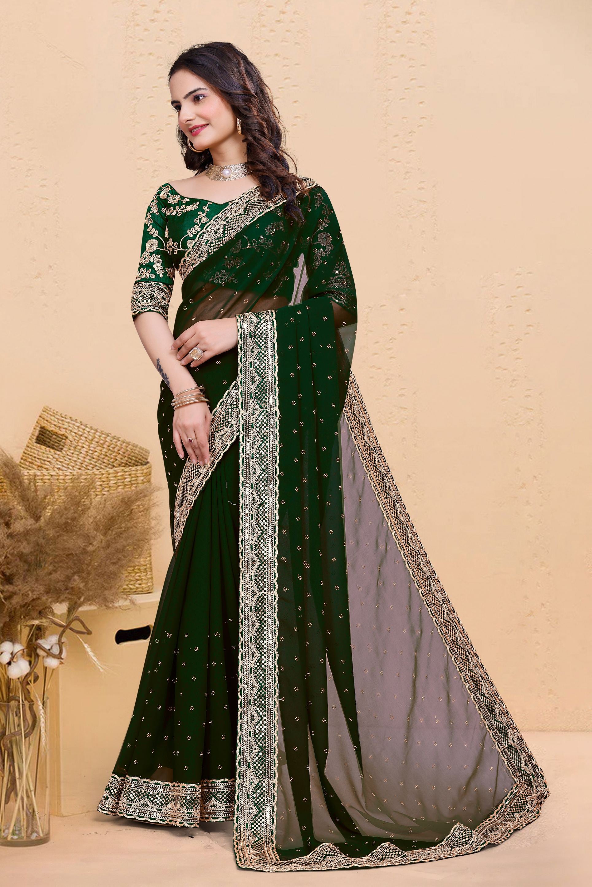 Green Soft Georgette Sequence Butti & Heavy Lace Border Saree