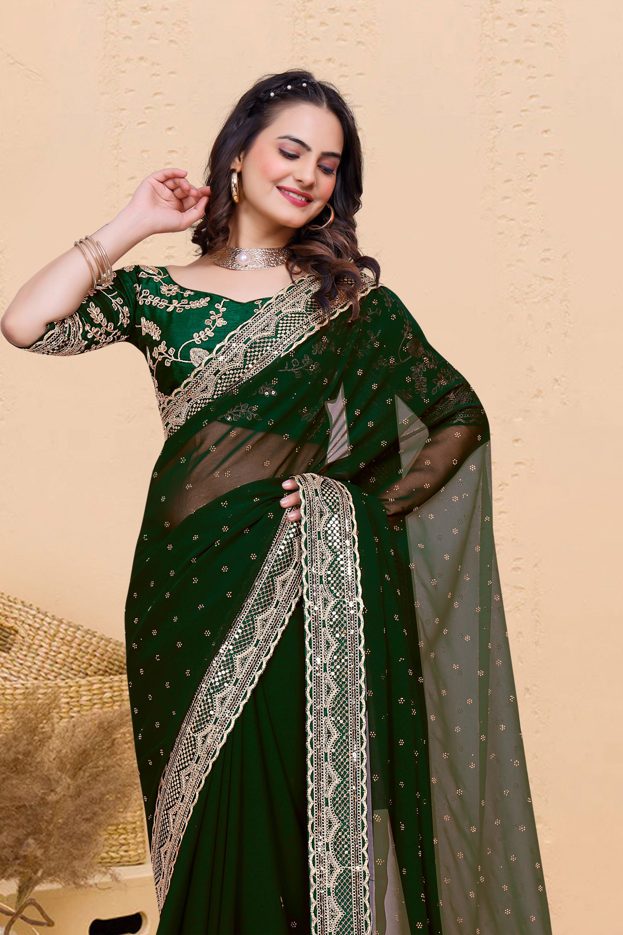 Green Soft Georgette Sequence Butti & Heavy Lace Border Saree