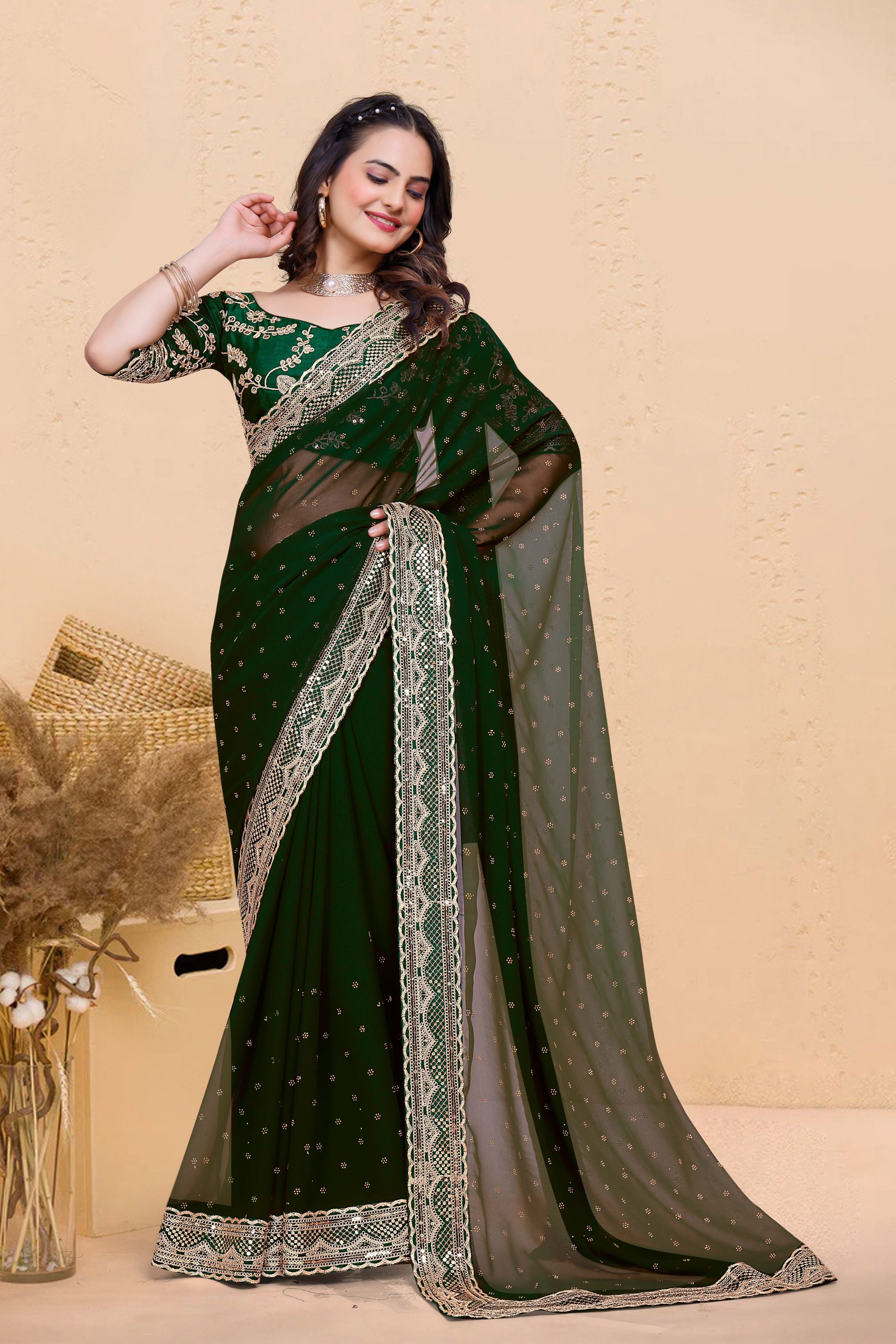 Green Soft Georgette Sequence Butti & Heavy Lace Border Saree