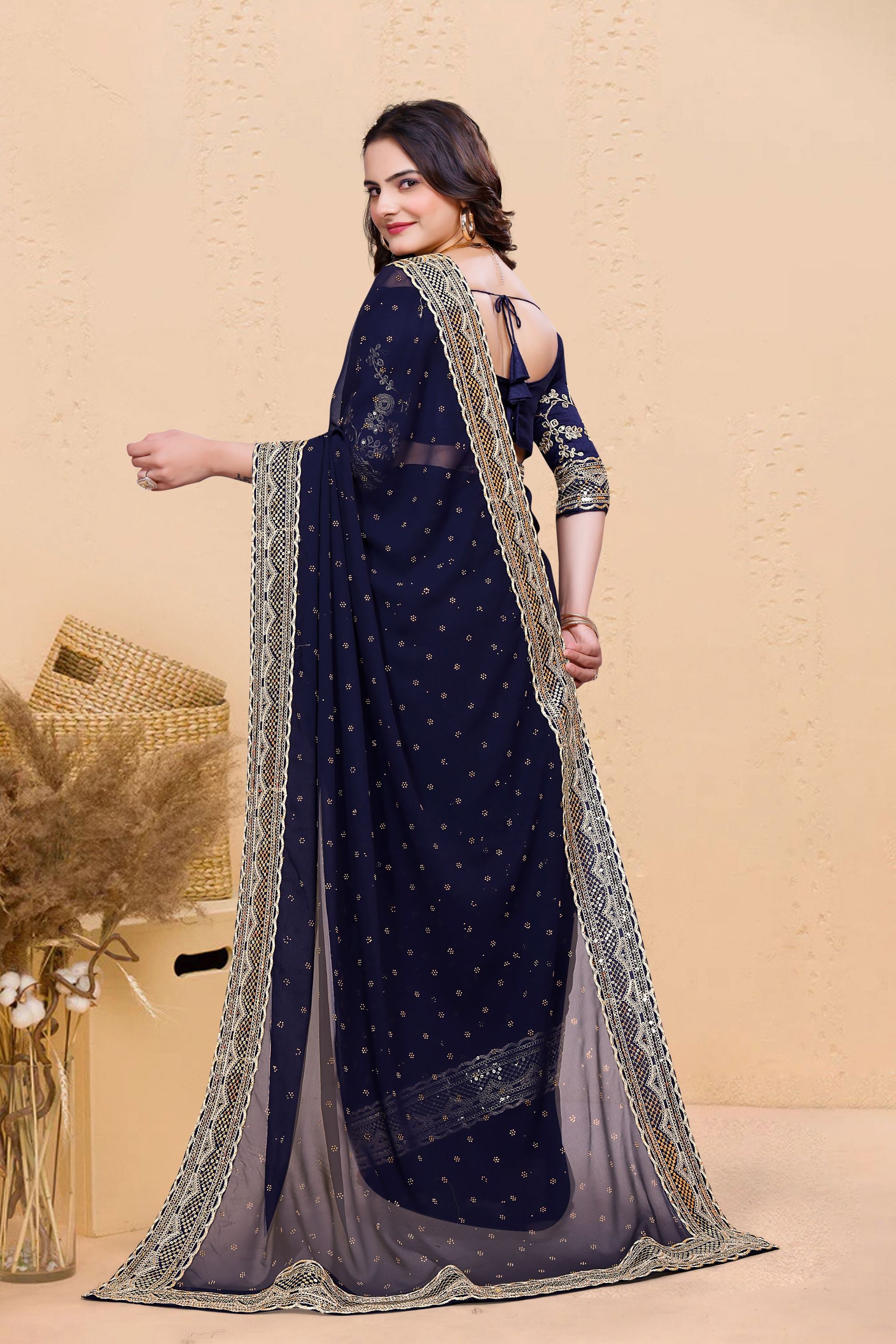 Navy Blue Soft Georgette Sequence Butti & Heavy Lace Border Saree