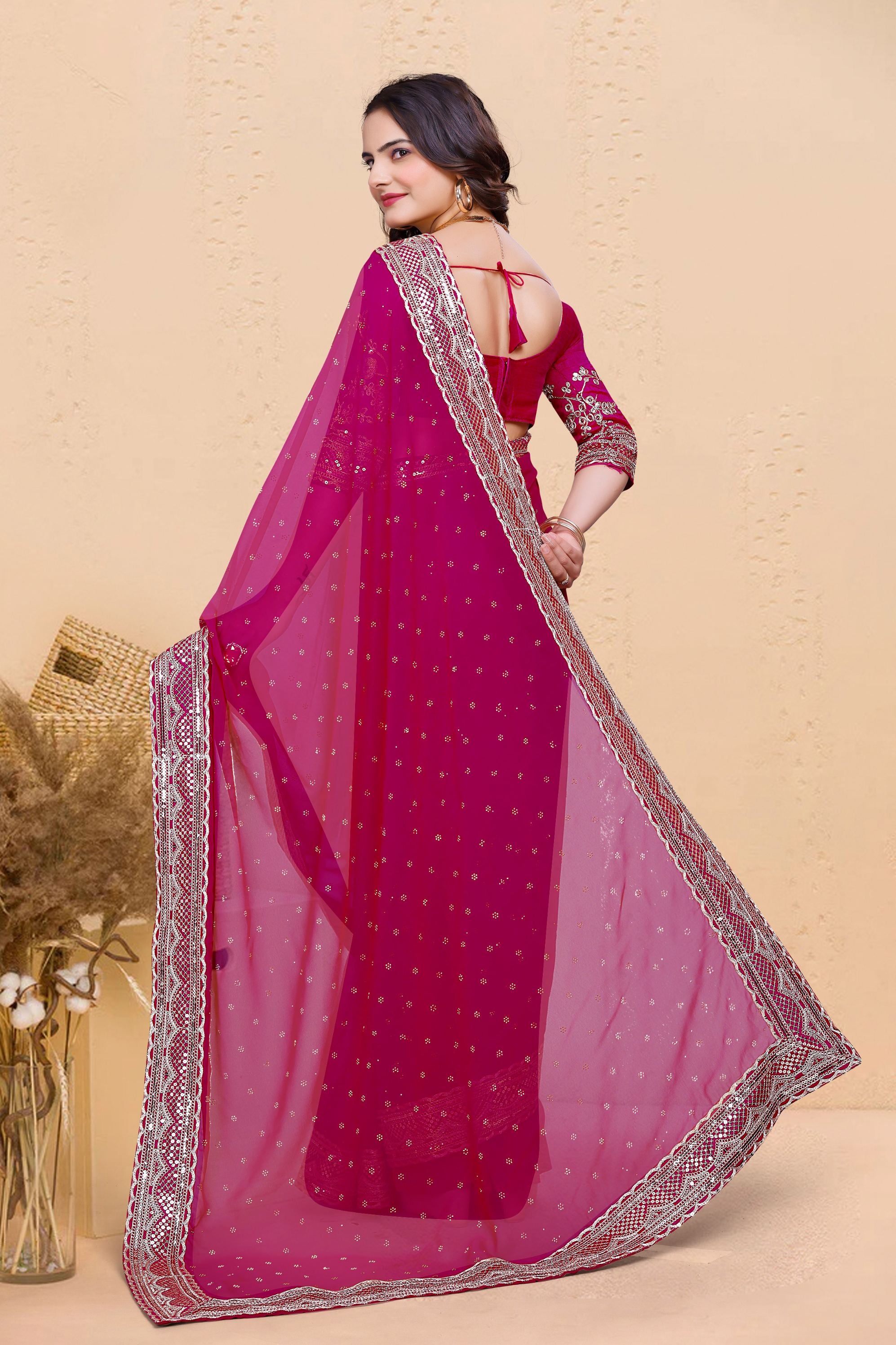 Rani Soft Georgette Sequence Butti & Heavy Lace Border Saree