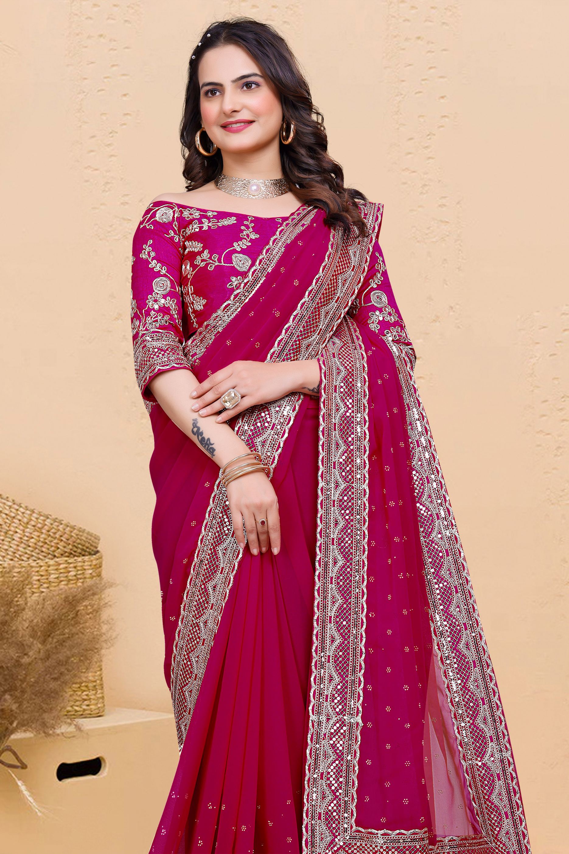 Rani Soft Georgette Sequence Butti & Heavy Lace Border Saree
