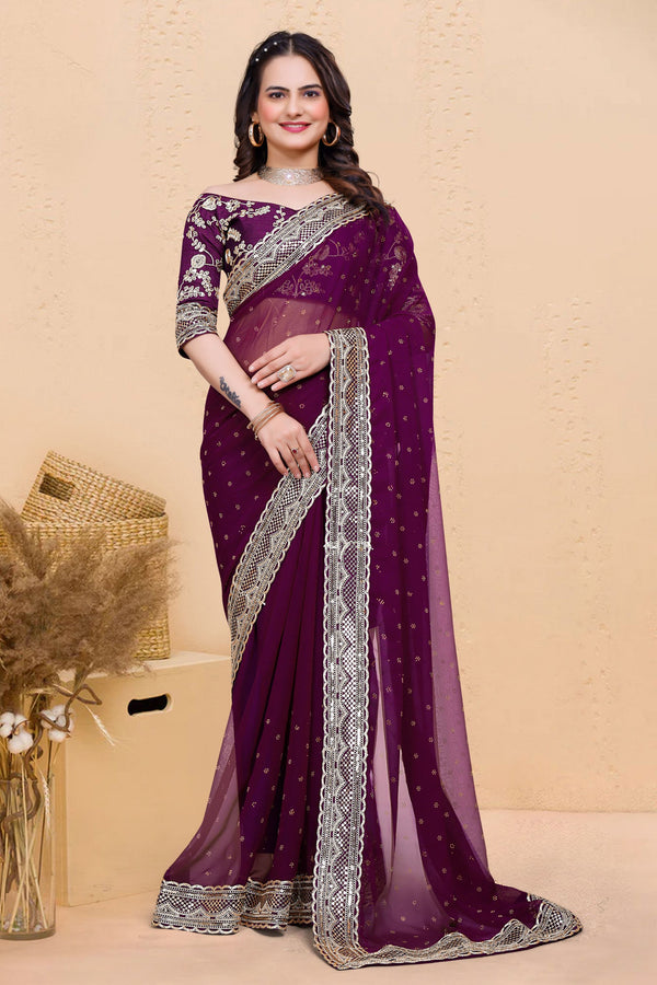 Purple Soft Georgette Sequence Butti & Heavy Lace Border Saree