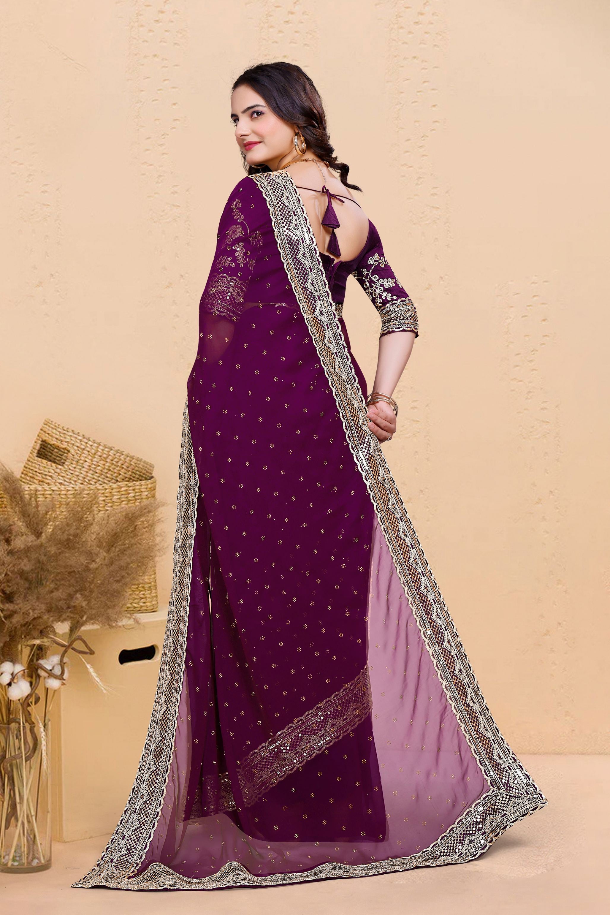 Purple Soft Georgette Sequence Butti & Heavy Lace Border Saree