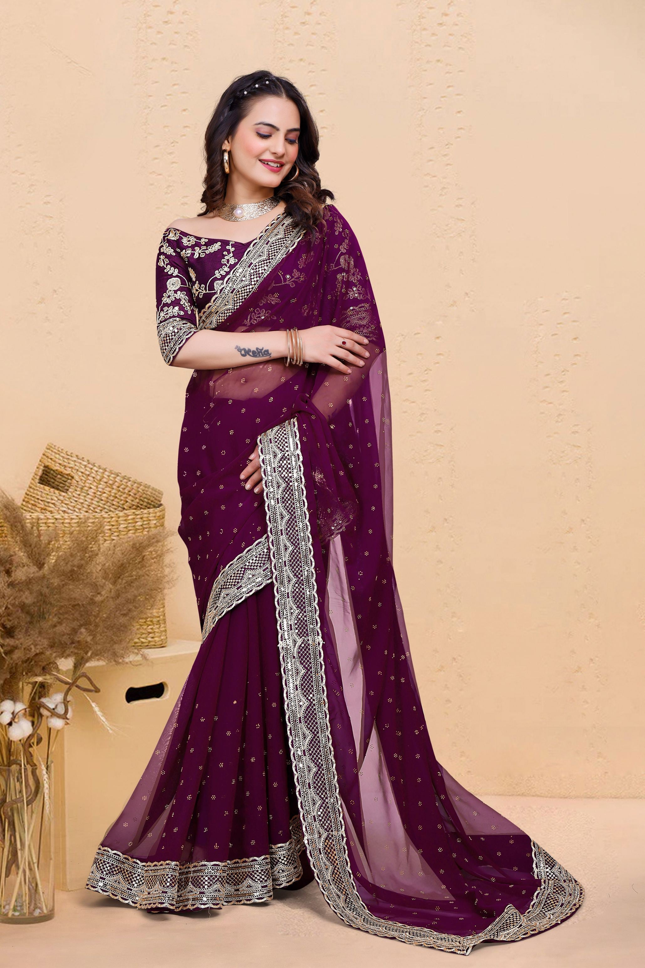 Purple Soft Georgette Sequence Butti & Heavy Lace Border Saree