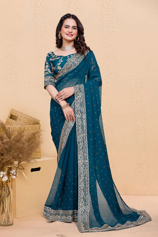 Rama Blue Soft Georgette Sequence Butti & Heavy Lace Border Saree