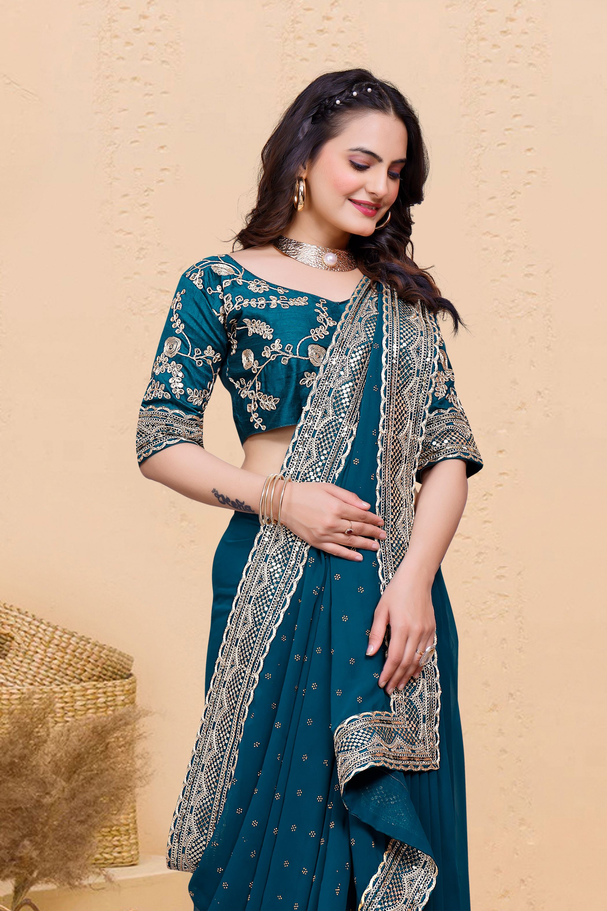 Rama Blue Soft Georgette Sequence Butti & Heavy Lace Border Saree