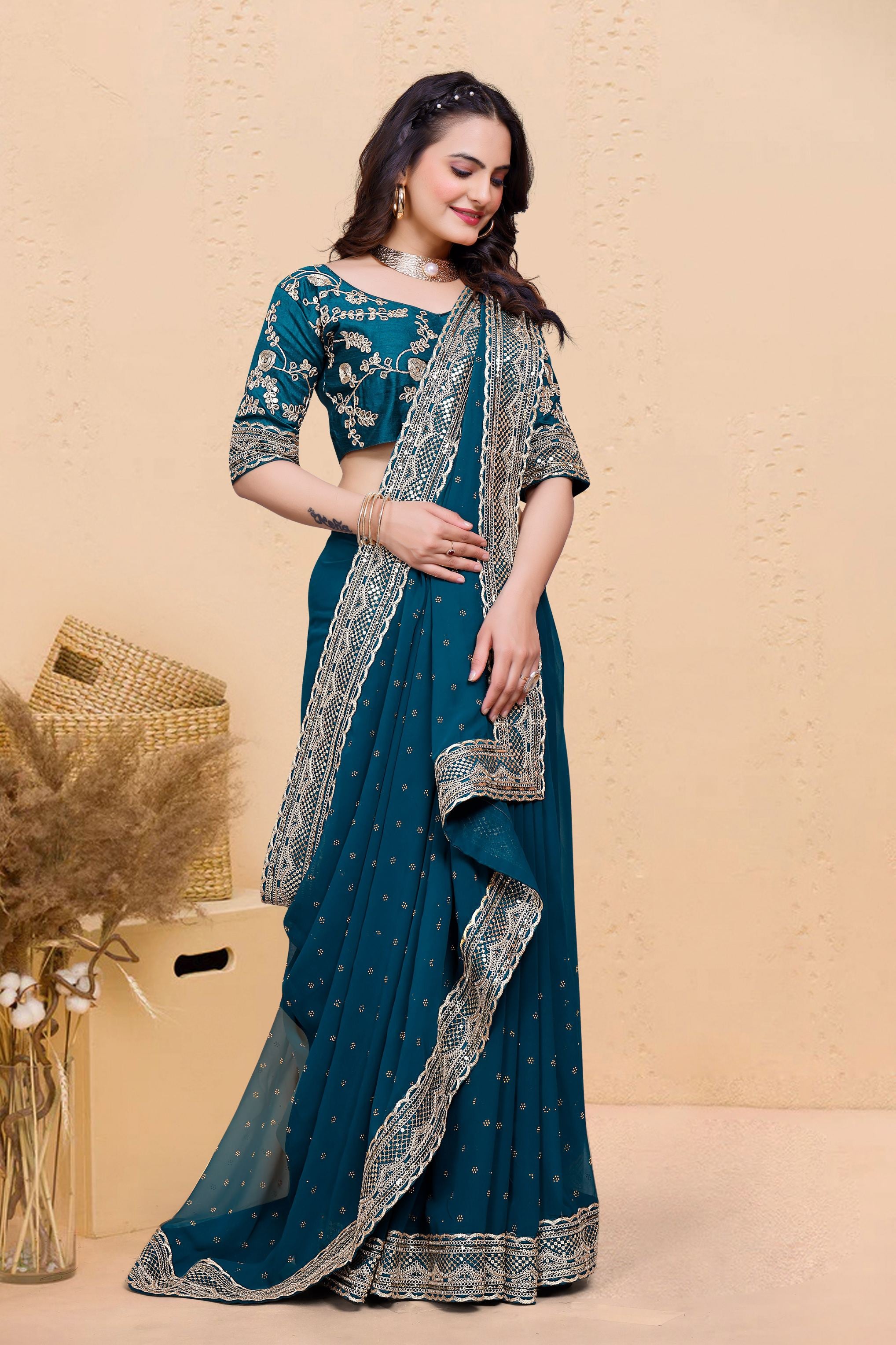 Rama Blue Soft Georgette Sequence Butti & Heavy Lace Border Saree