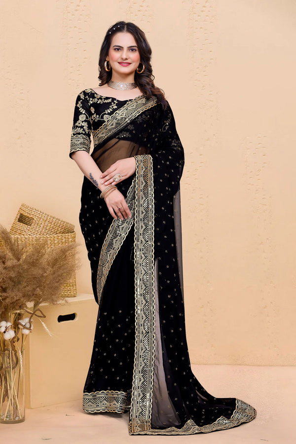 Black Soft Georgette Sequence Butti & Heavy Lace Border Saree