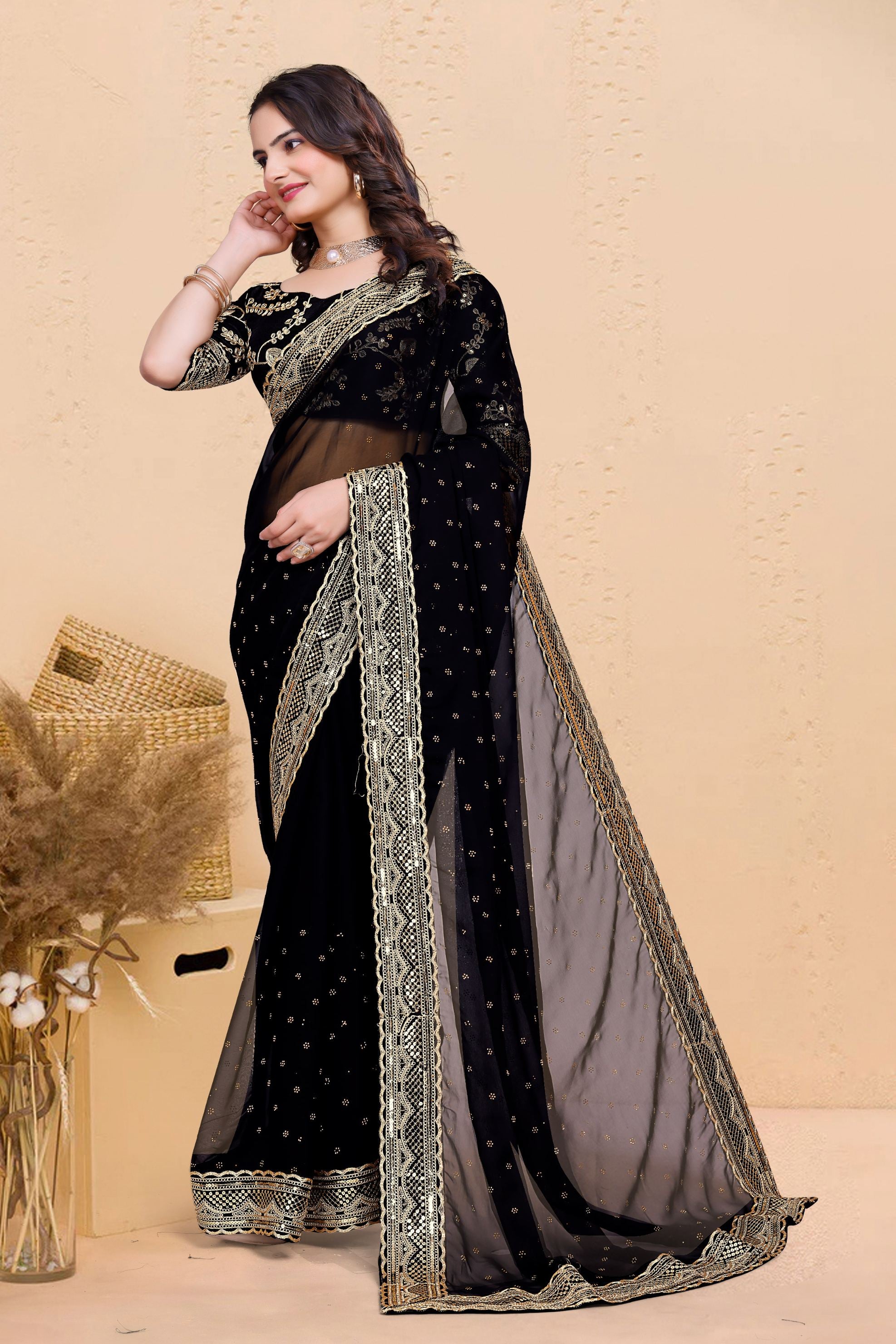 Black Soft Georgette Sequence Butti & Heavy Lace Border Saree