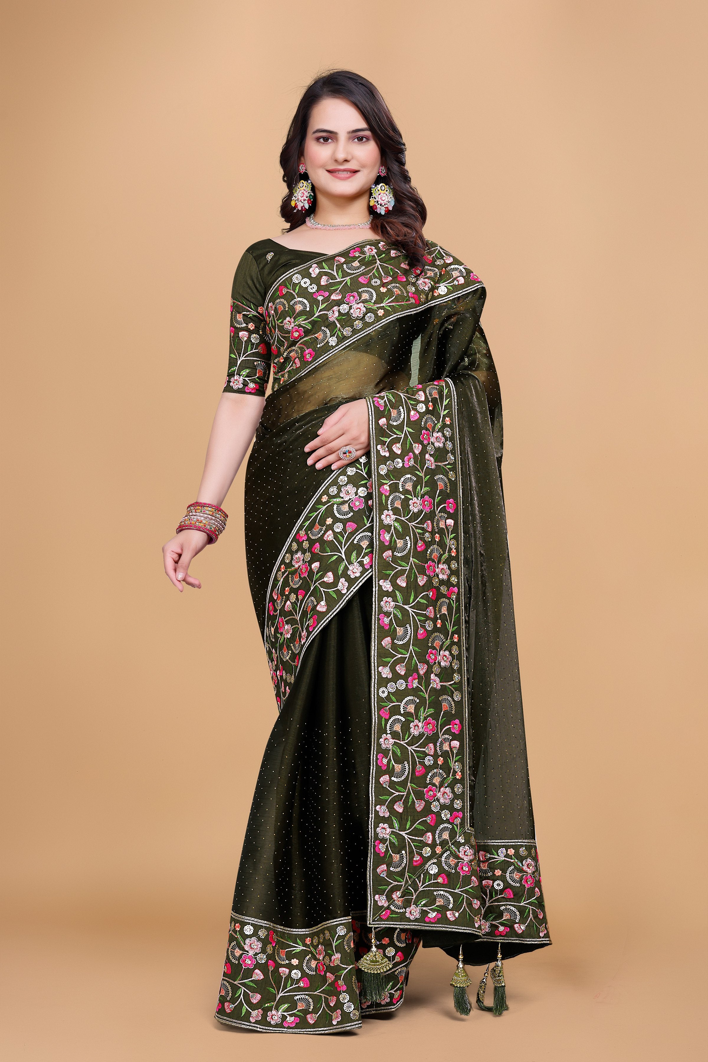Mehendi Green Chiffon Floral Embroidery With Resham Thread & Sequence Work Saree