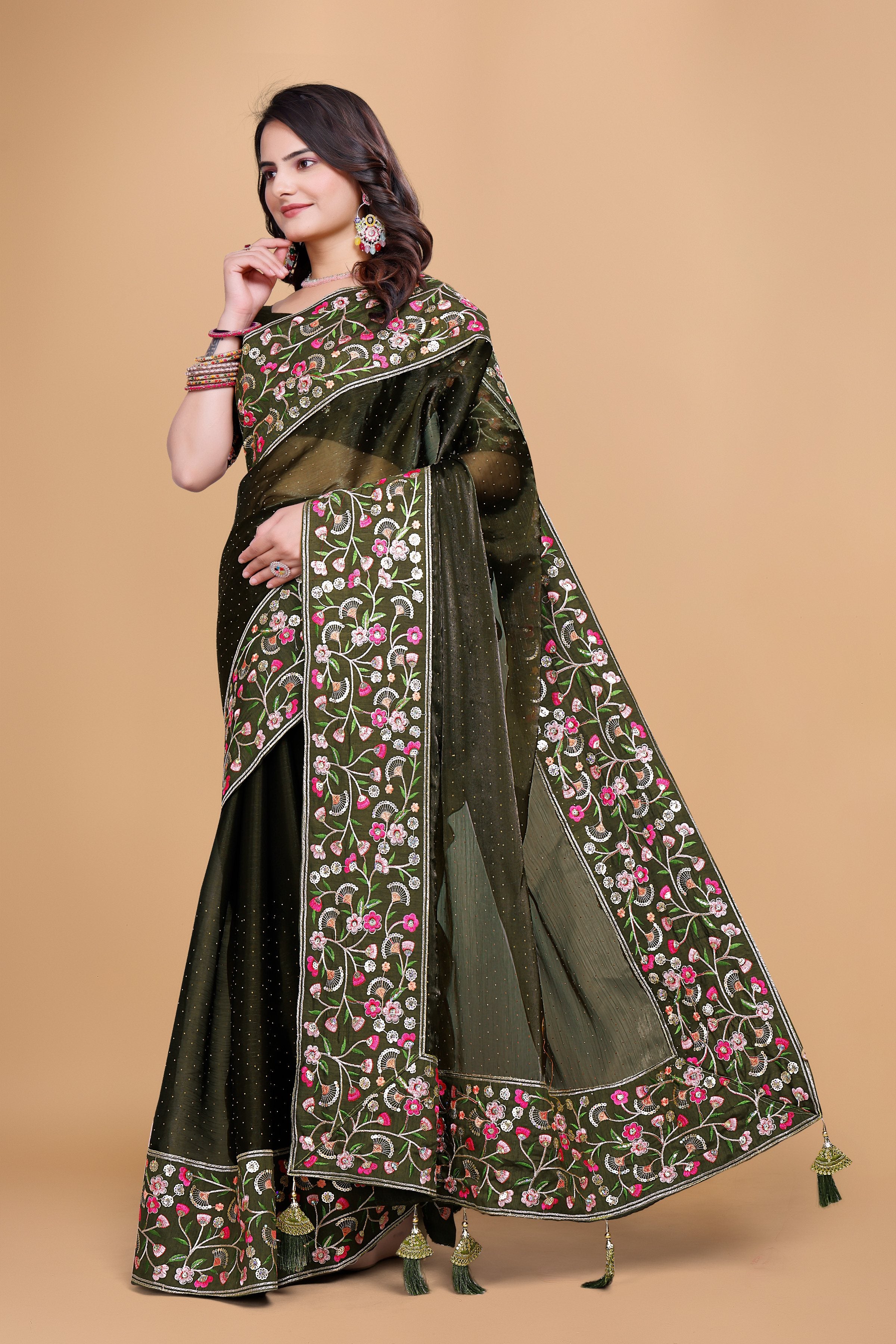 Mehendi Green Chiffon Floral Embroidery With Resham Thread & Sequence Work Saree