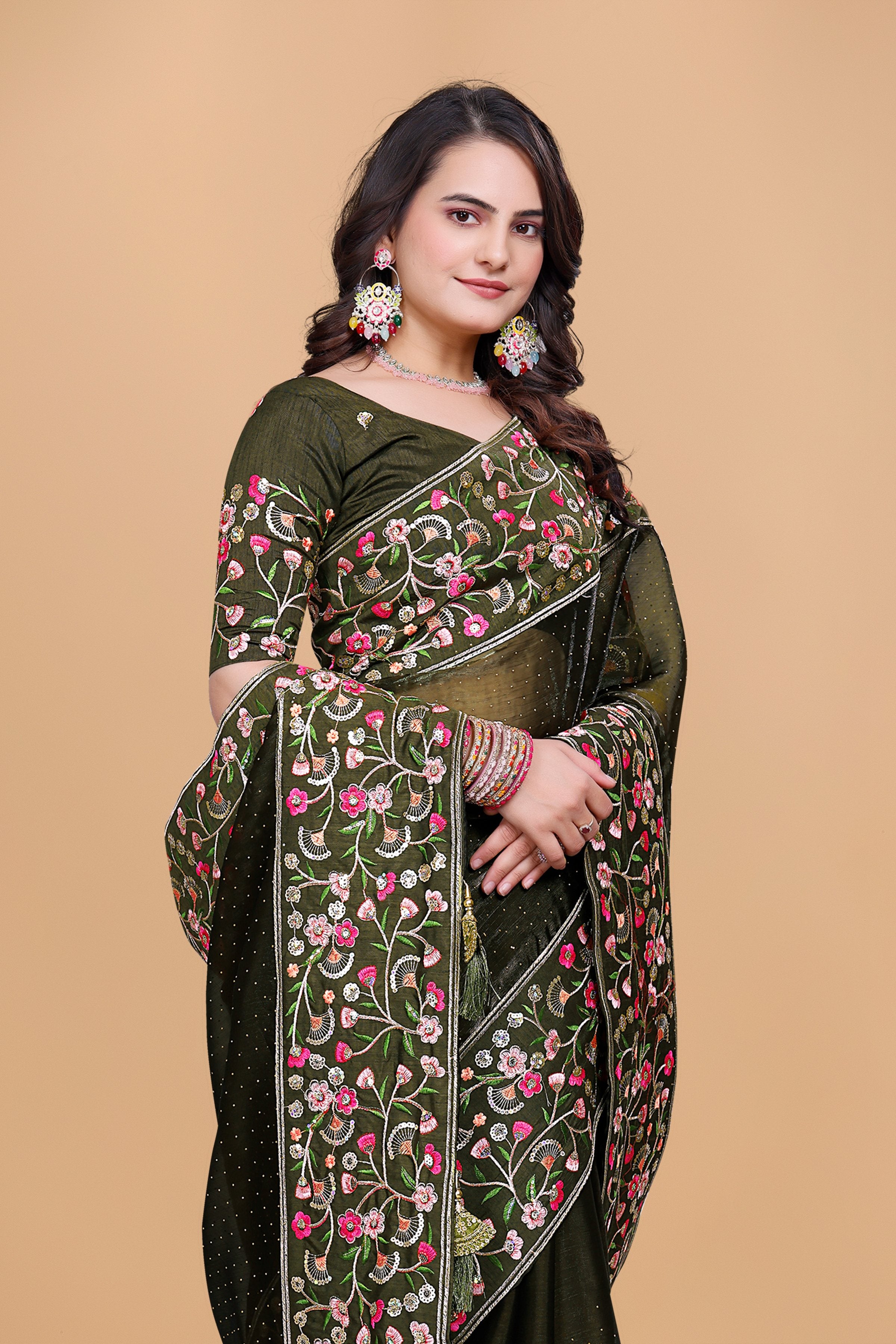 Mehendi Green Chiffon Floral Embroidery With Resham Thread & Sequence Work Saree