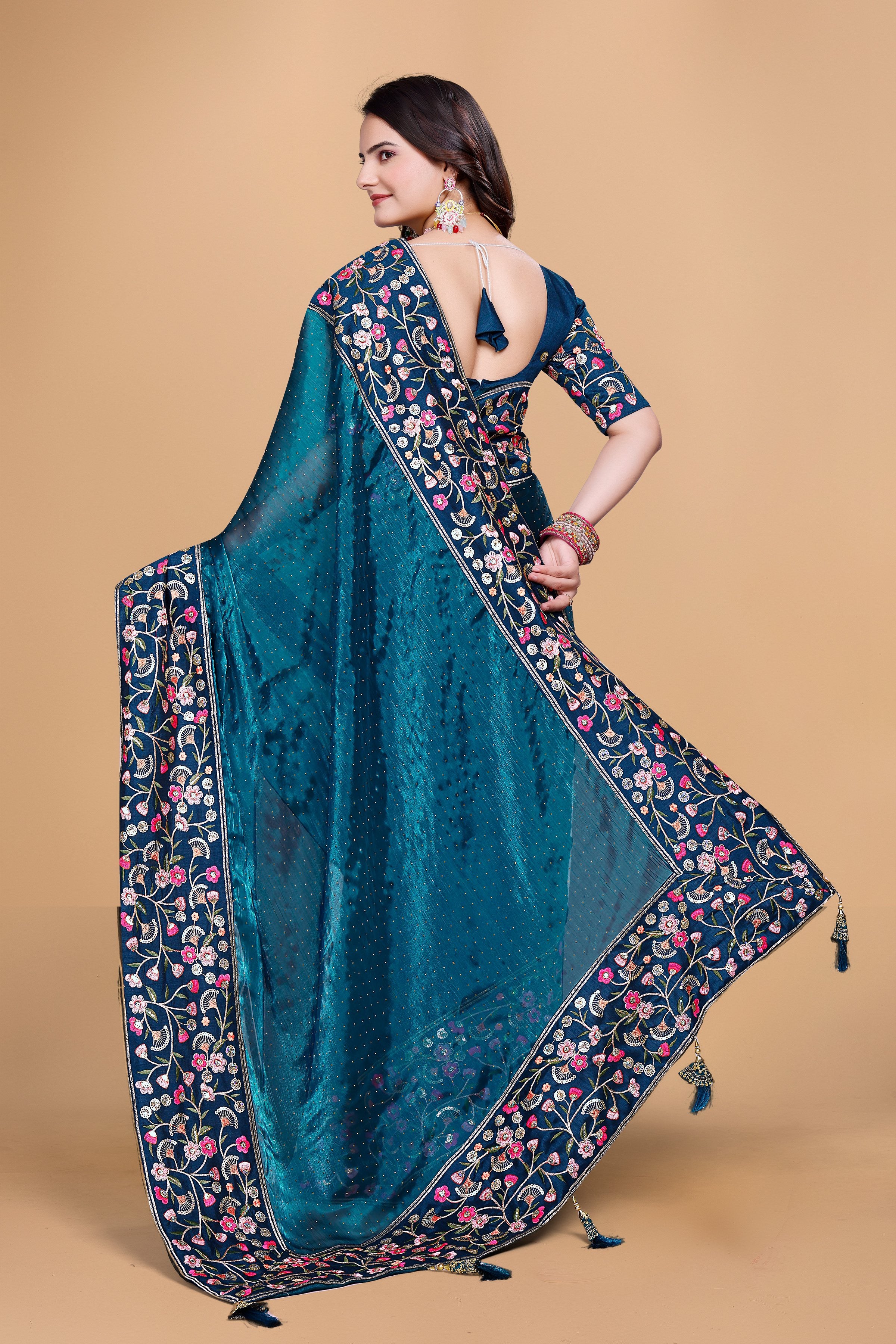 Peacock Blue Chiffon Floral Embroidery With Resham Thread & Sequence Work Saree