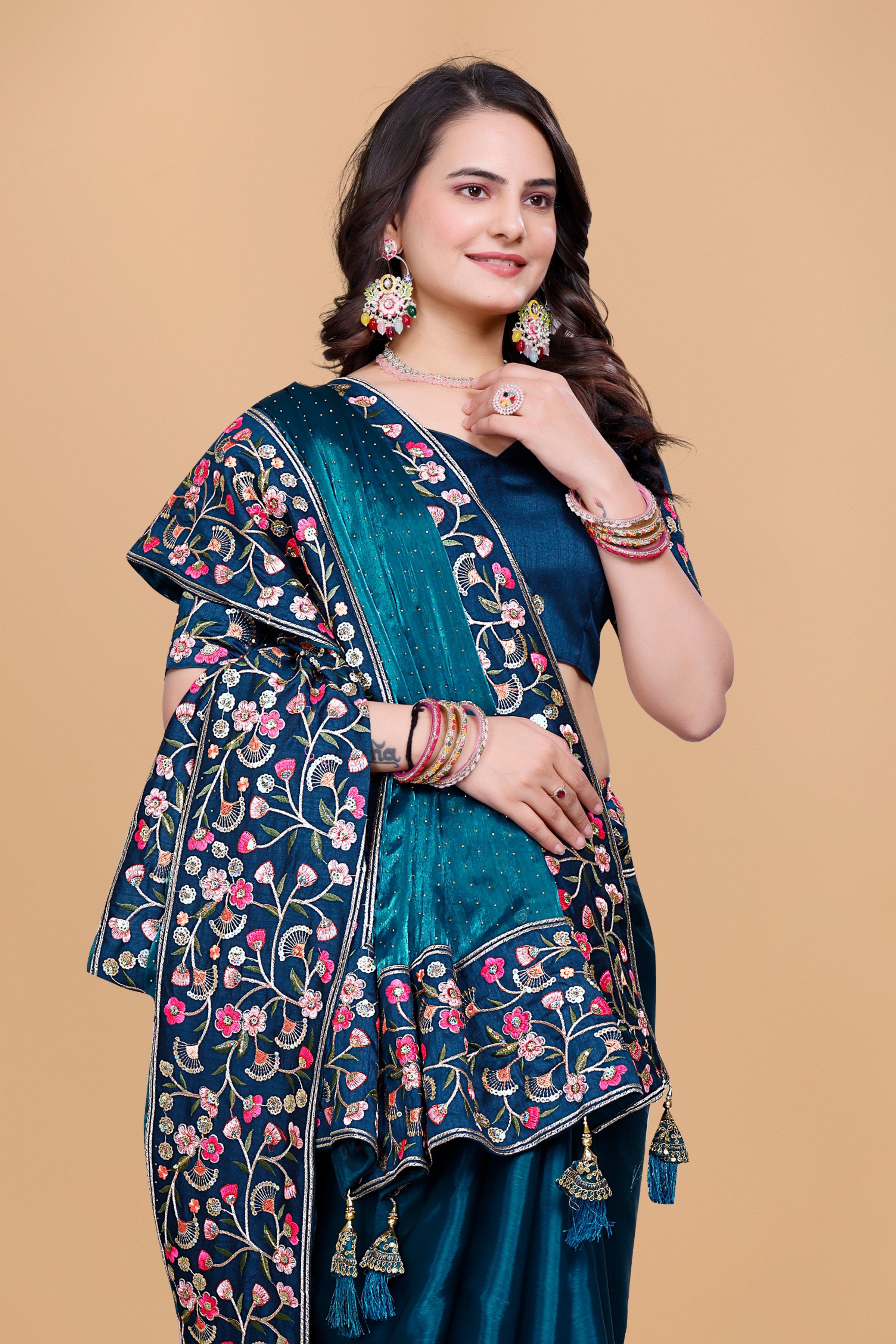 Peacock Blue Chiffon Floral Embroidery With Resham Thread & Sequence Work Saree