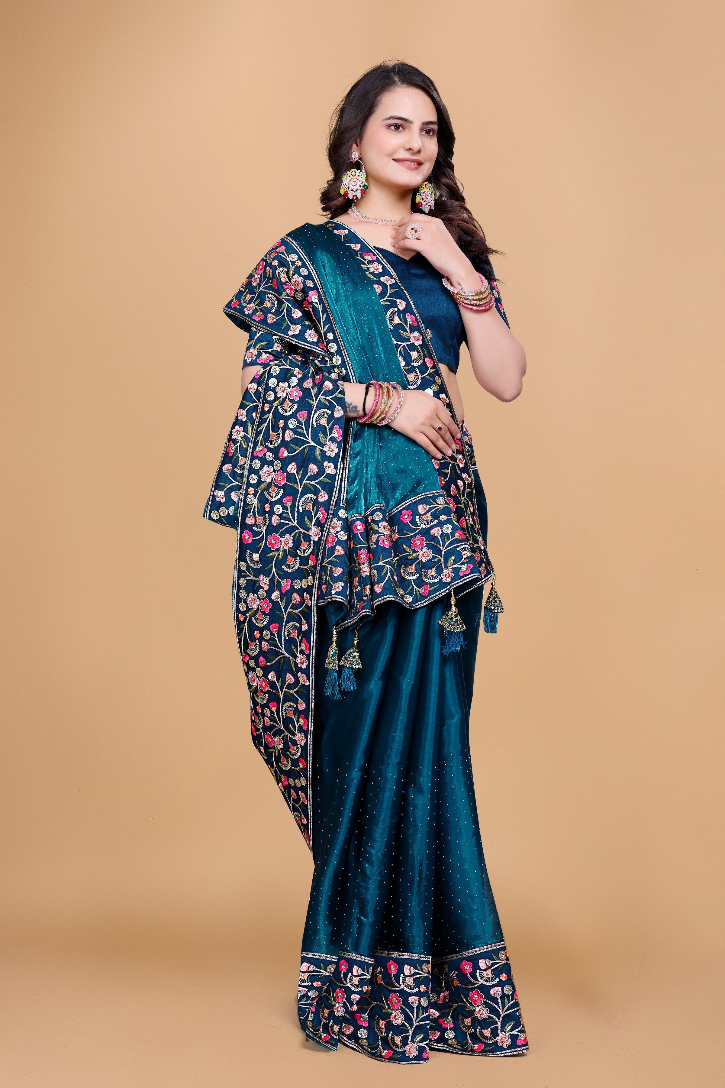 Peacock Blue Chiffon Floral Embroidery With Resham Thread & Sequence Work Saree