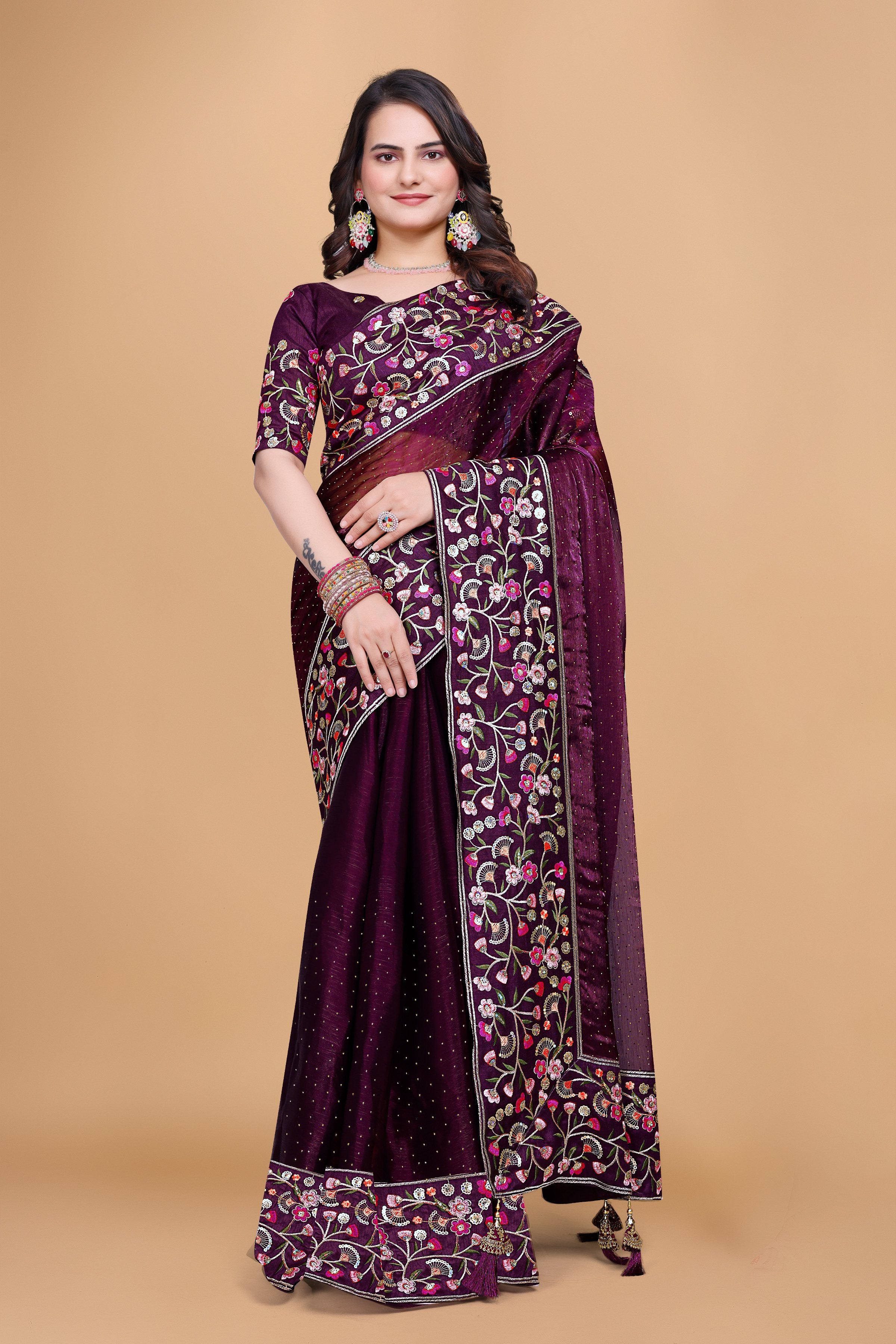 Wine Chiffon Floral Embroidery With Resham Thread & Sequence Work Saree