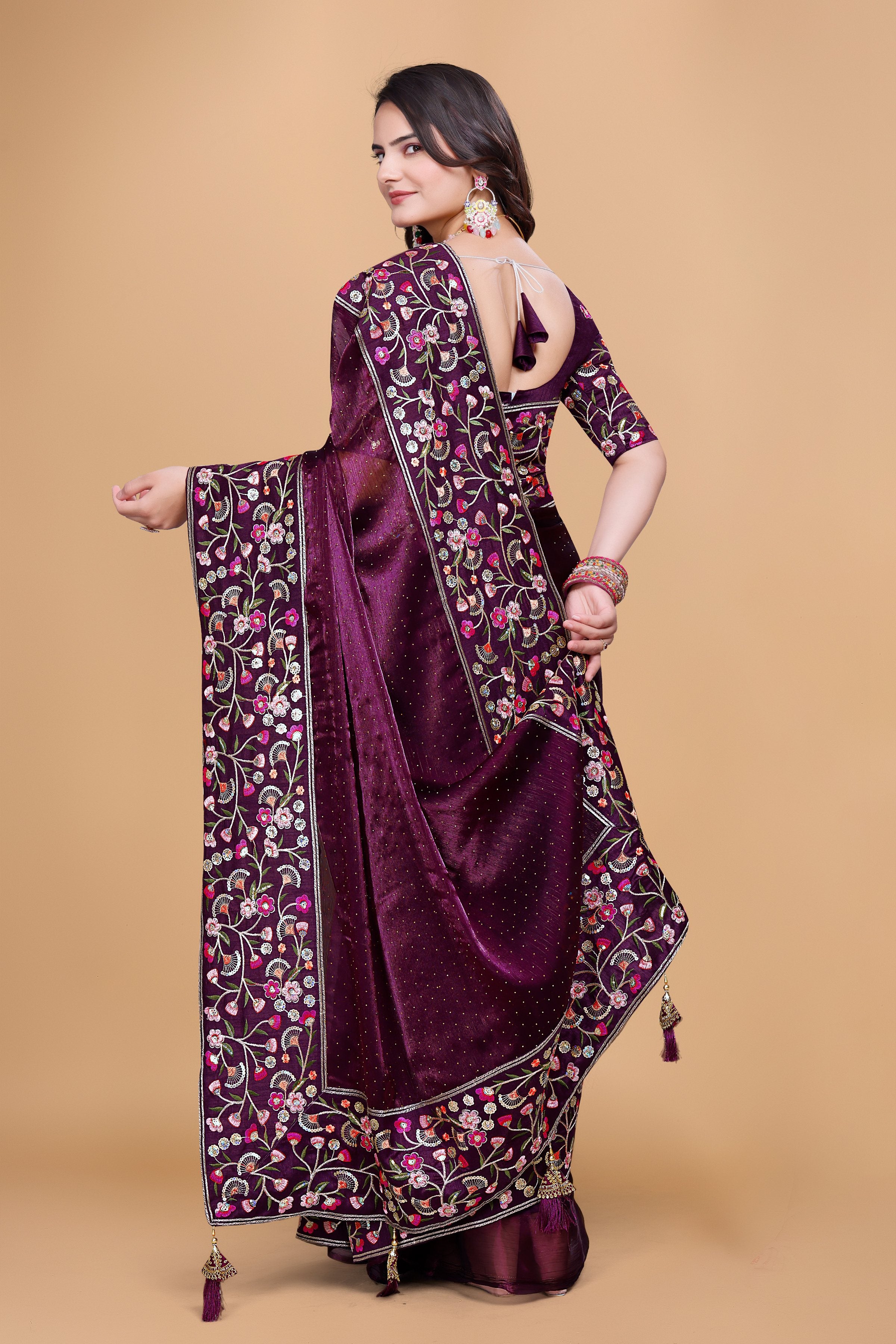 Wine Chiffon Floral Embroidery With Resham Thread & Sequence Work Saree