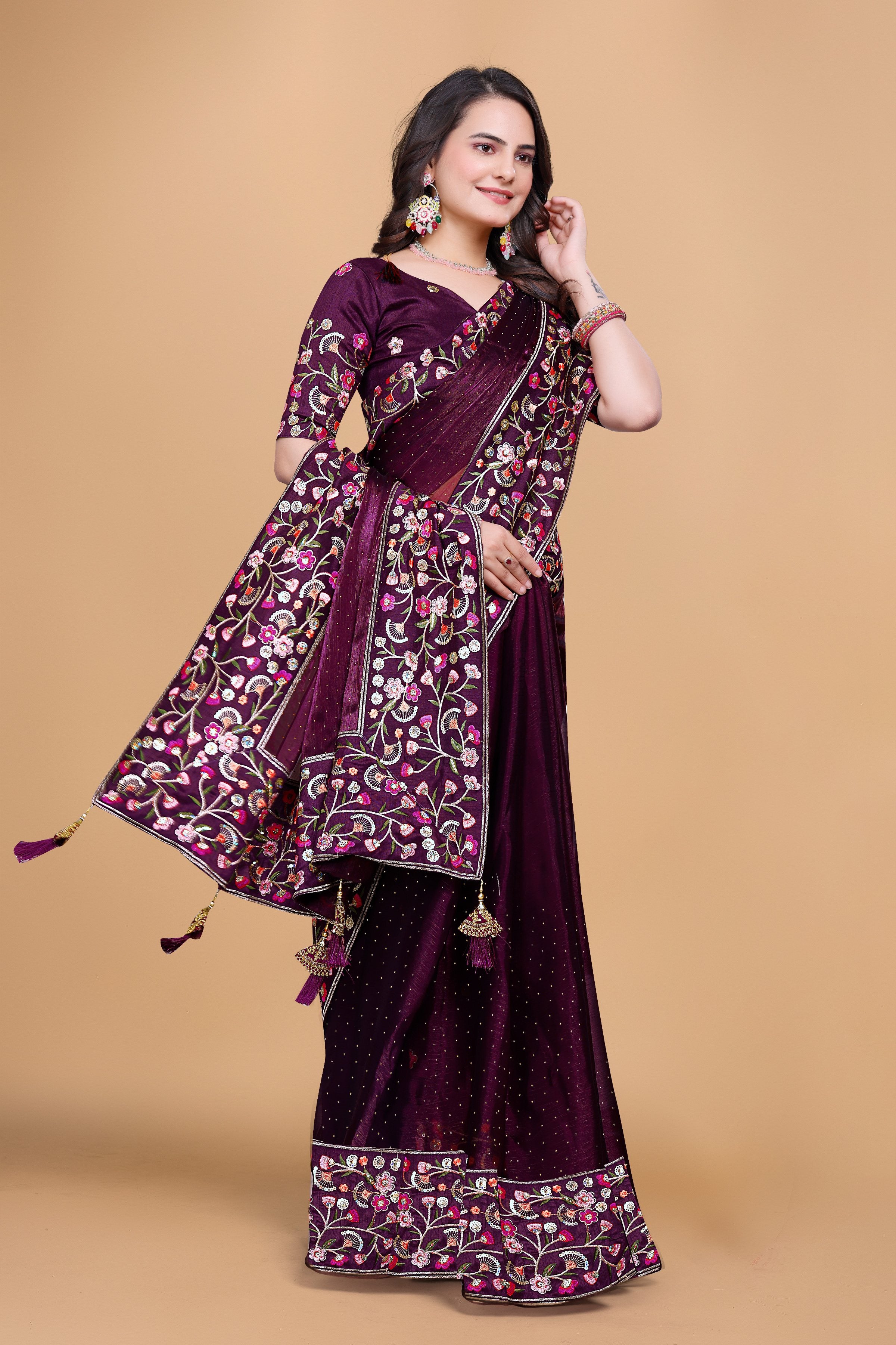 Wine Chiffon Floral Embroidery With Resham Thread & Sequence Work Saree