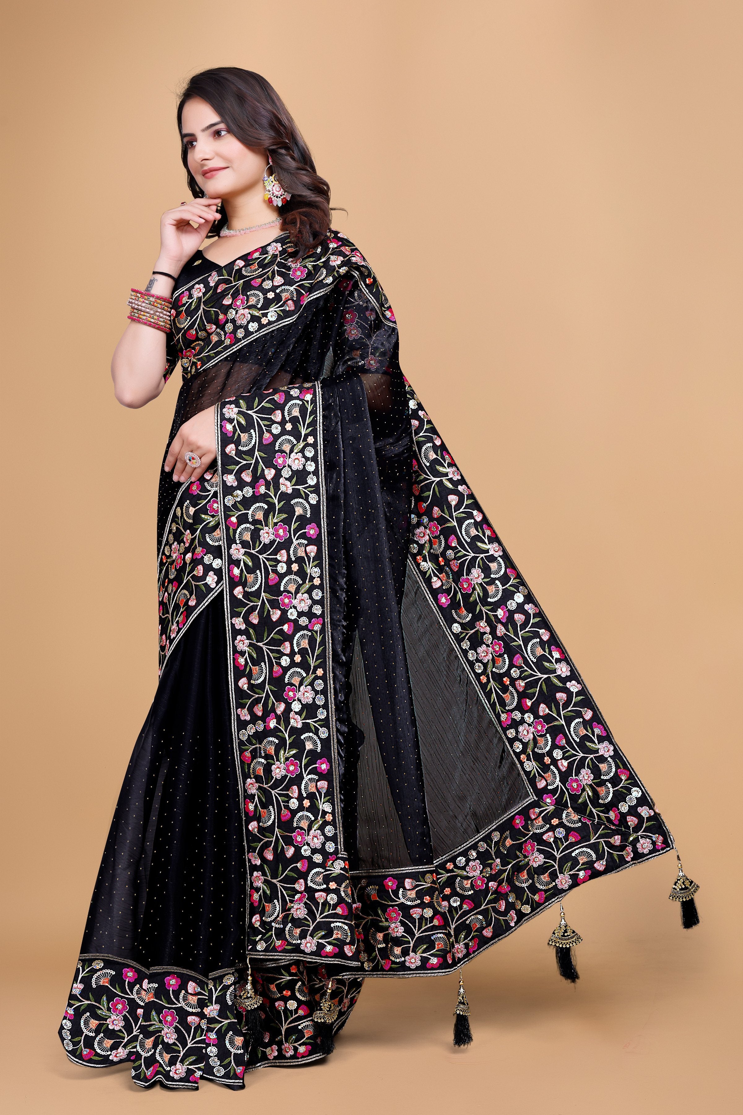 Black Chiffon Floral Embroidery With Resham Thread & Sequence Work Saree
