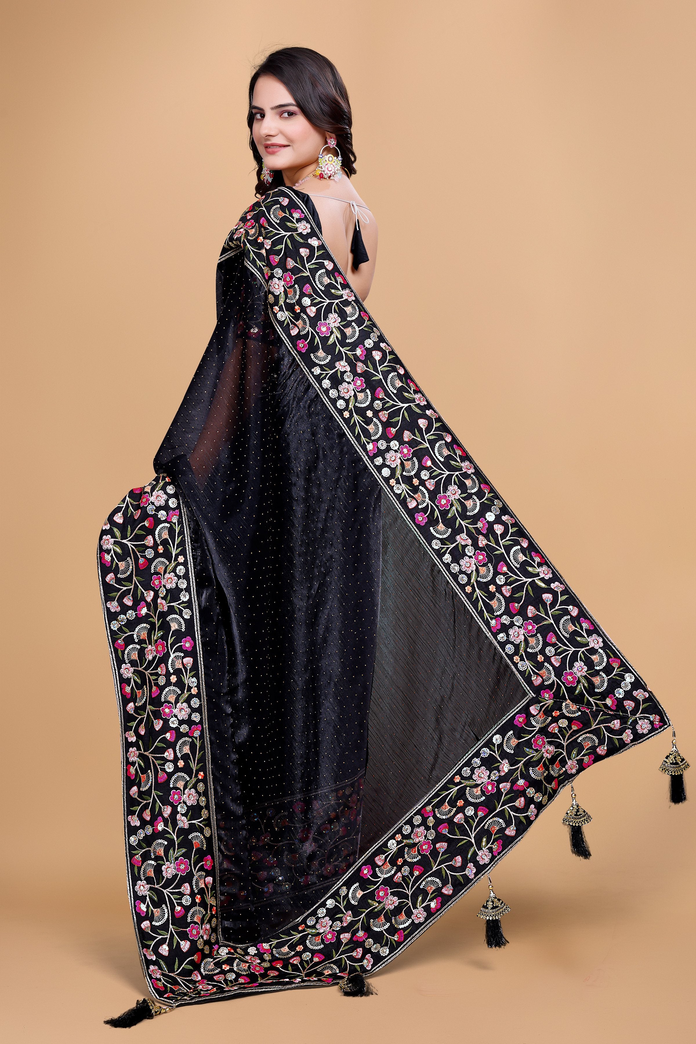 Black Chiffon Floral Embroidery With Resham Thread & Sequence Work Saree