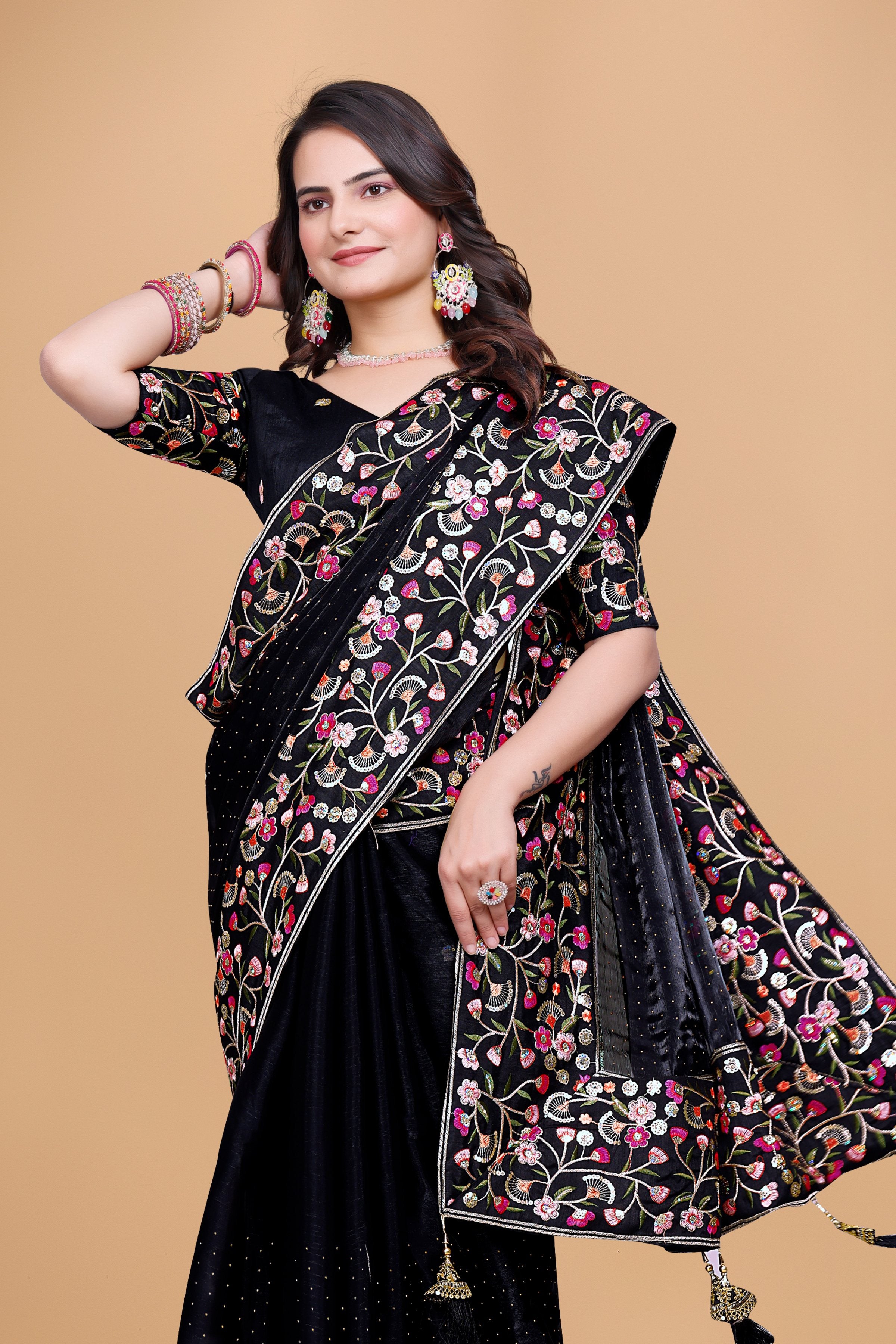 Black Chiffon Floral Embroidery With Resham Thread & Sequence Work Saree