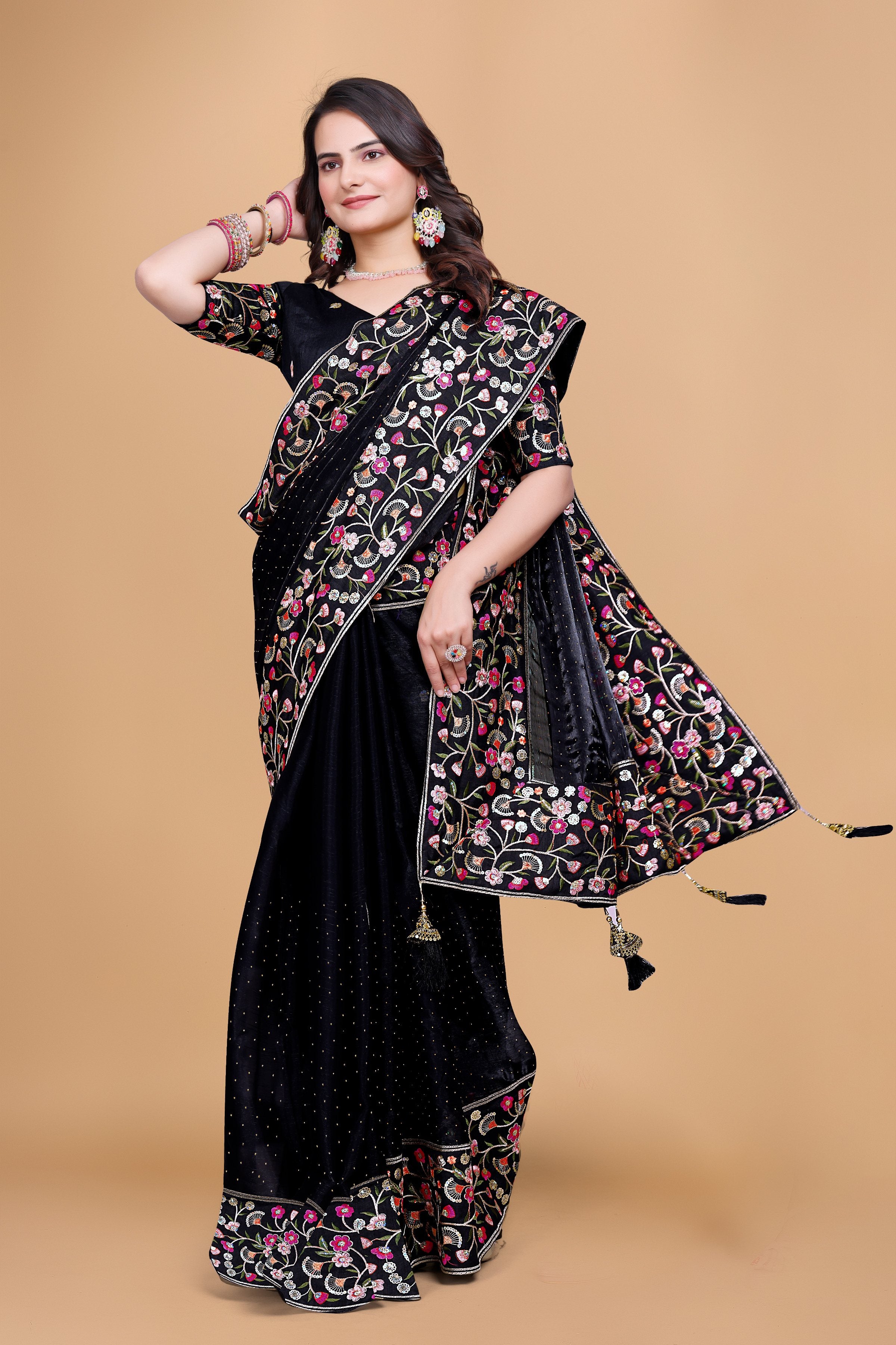 Black Chiffon Floral Embroidery With Resham Thread & Sequence Work Saree