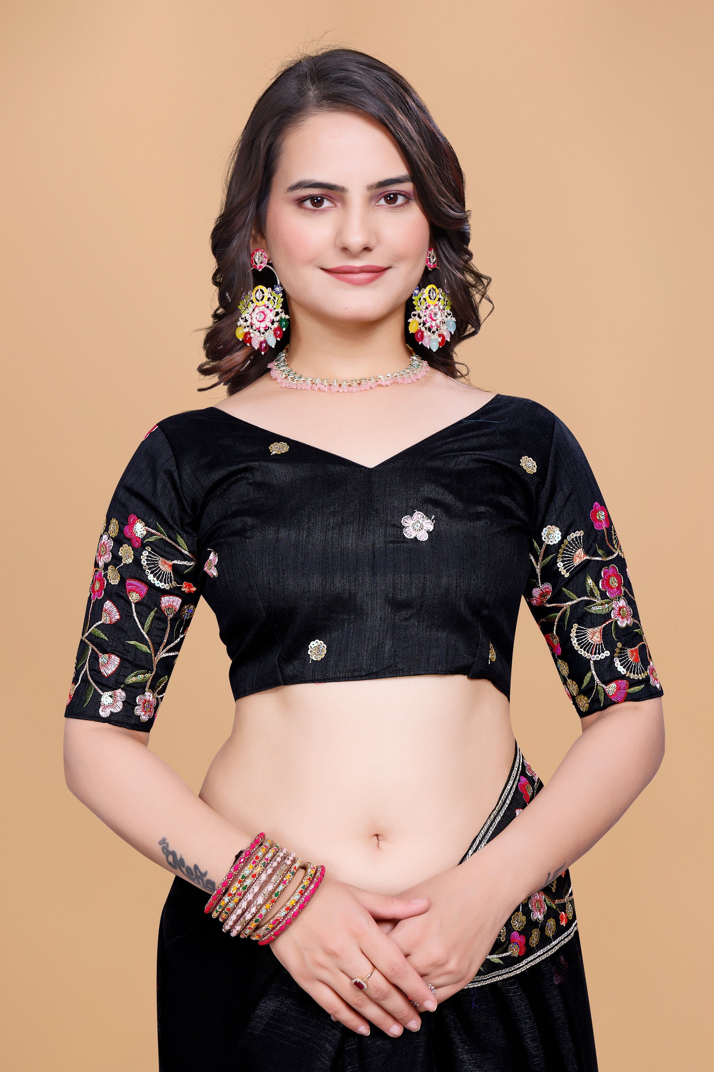 Black Chiffon Floral Embroidery With Resham Thread & Sequence Work Saree