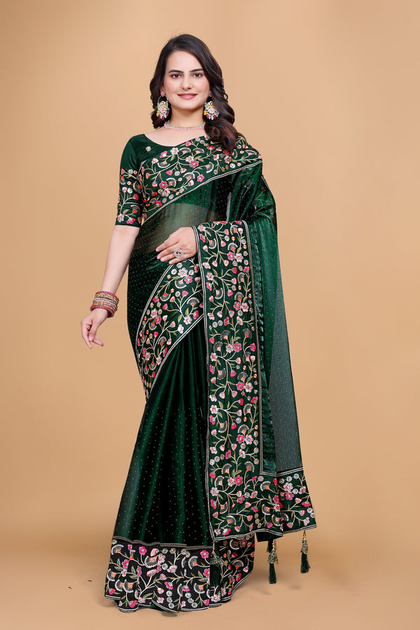 Green Chiffon Floral Embroidery With Resham Thread & Sequence Work Saree
