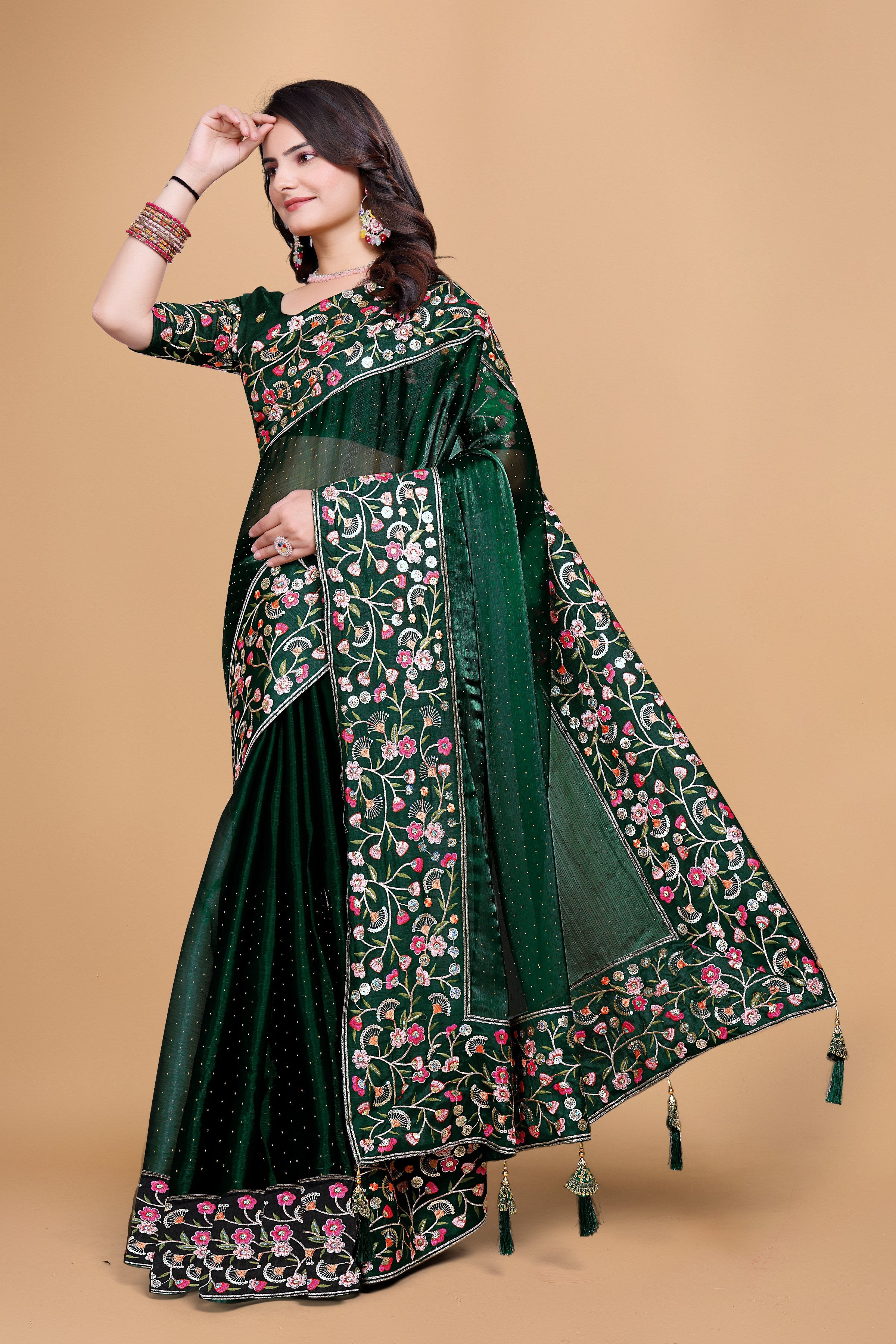 Green Chiffon Floral Embroidery With Resham Thread & Sequence Work Saree