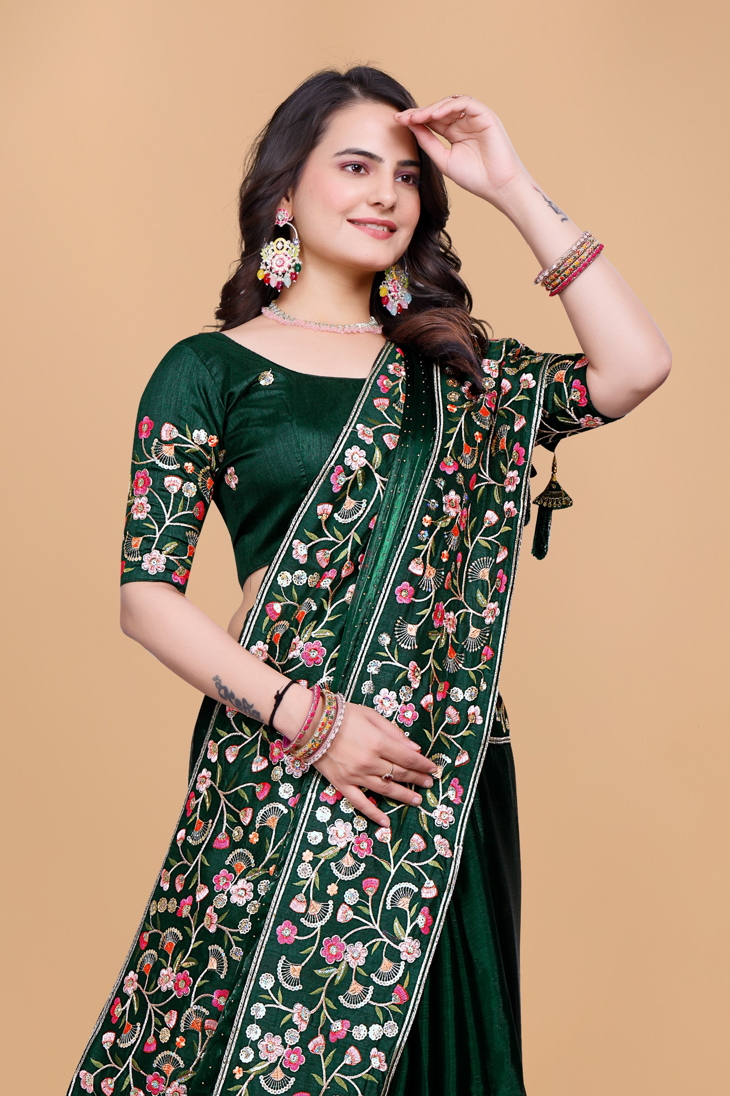 Green Chiffon Floral Embroidery With Resham Thread & Sequence Work Saree