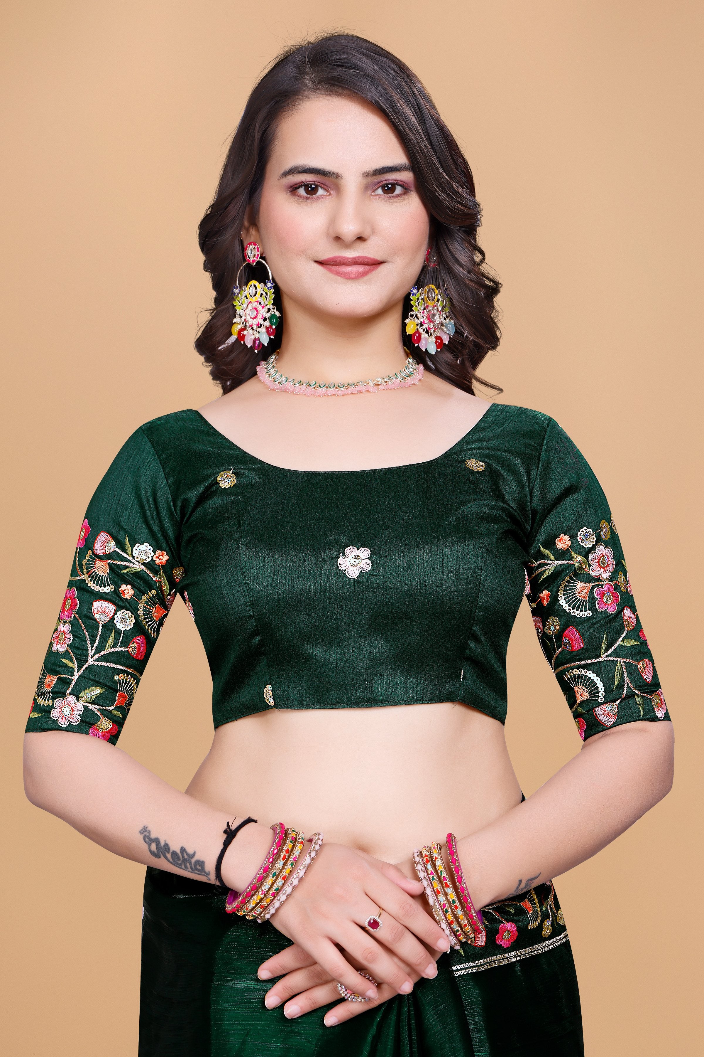 Green Chiffon Floral Embroidery With Resham Thread & Sequence Work Saree