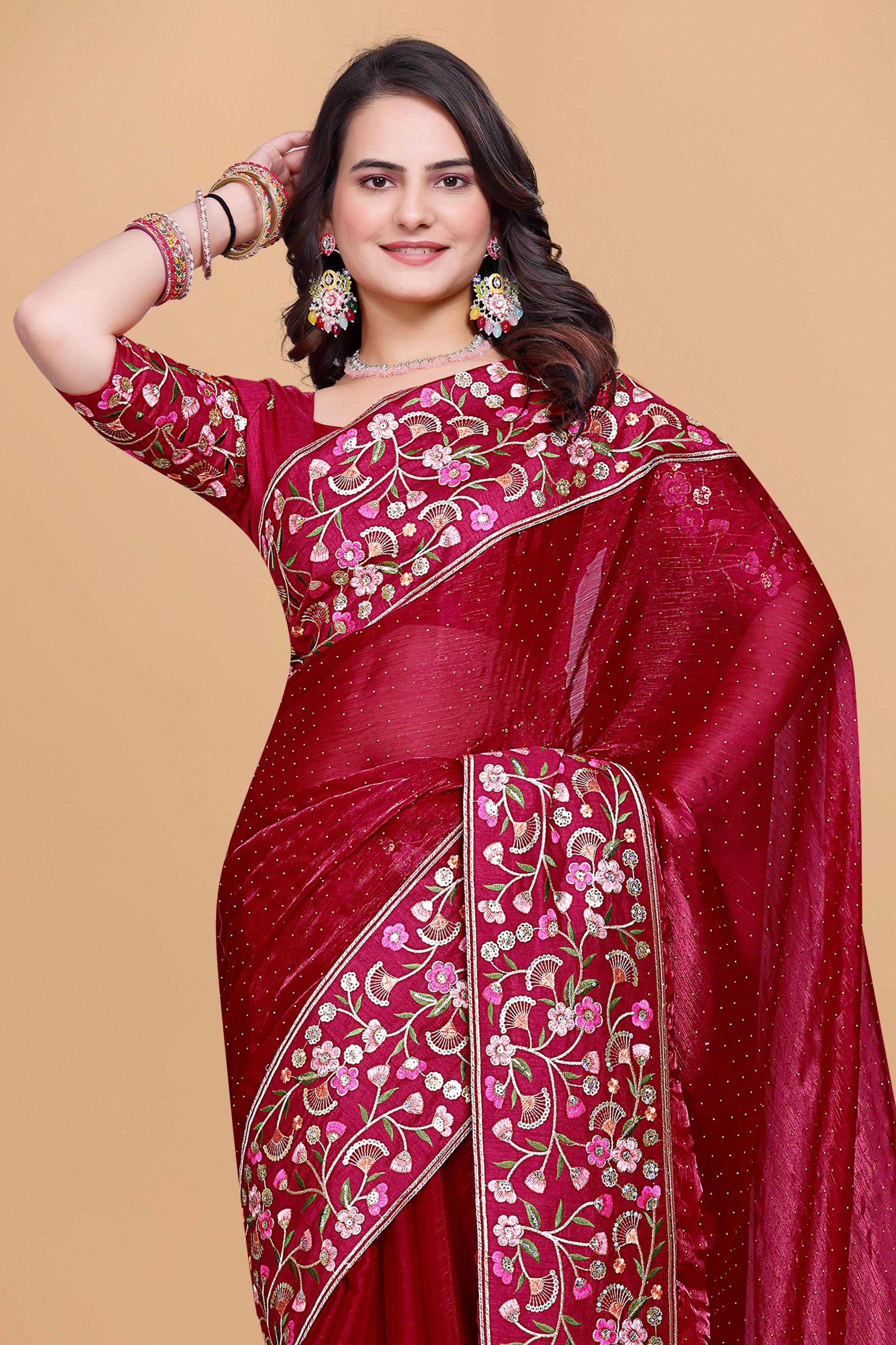 Red Chiffon Floral Embroidery With Resham Thread & Sequence Work Saree