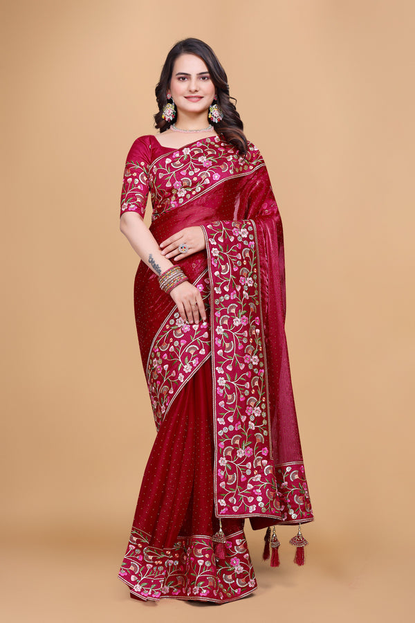 Red Chiffon Floral Embroidery With Resham Thread & Sequence Work Saree
