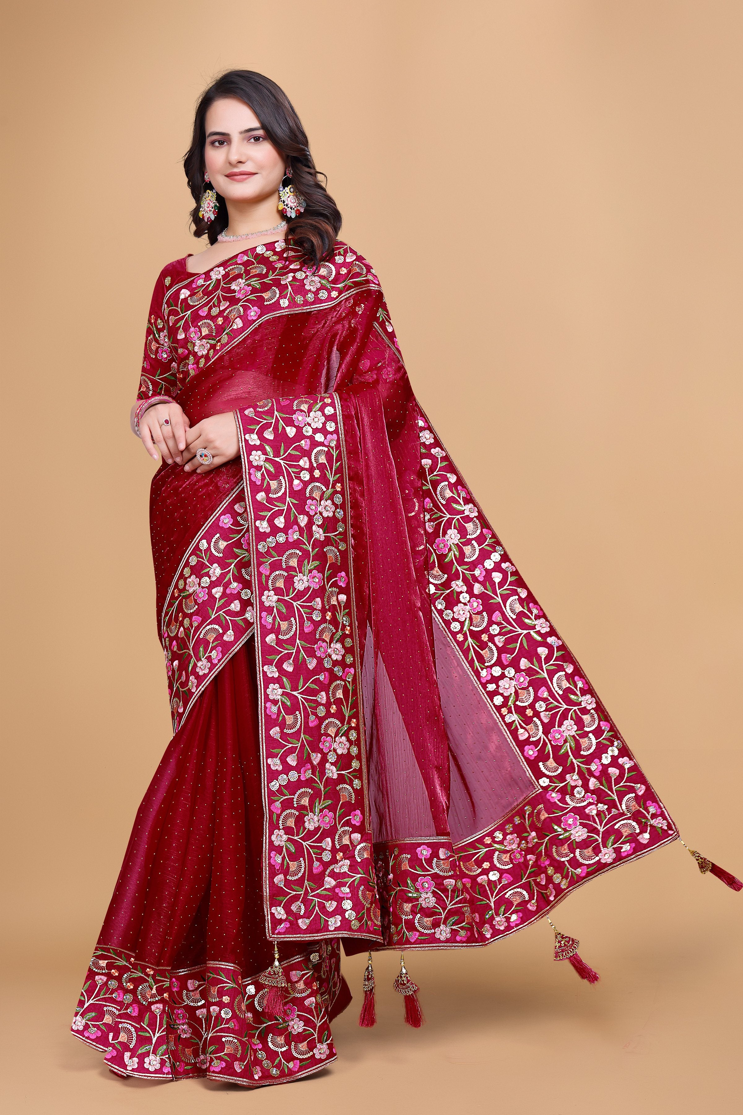 Red Chiffon Floral Embroidery With Resham Thread & Sequence Work Saree