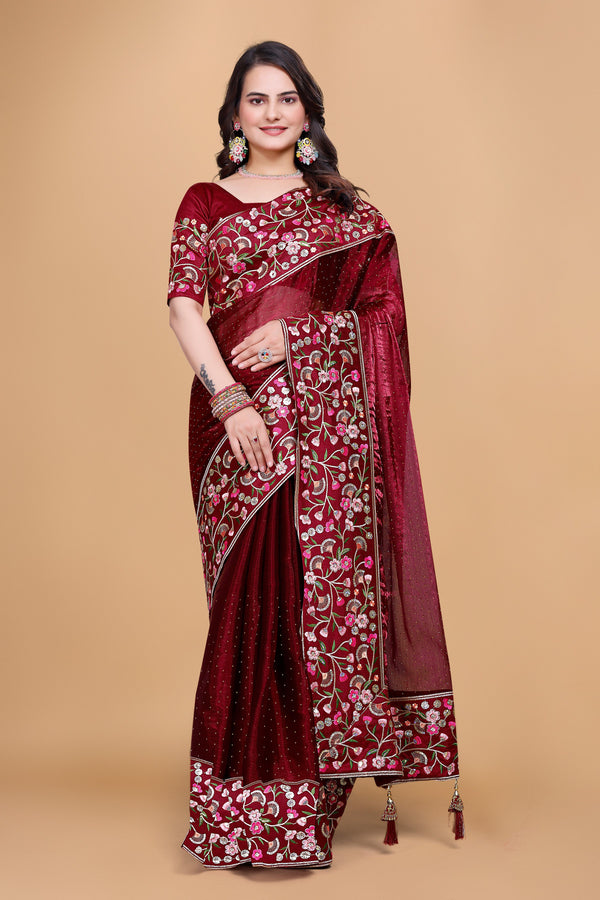 Maroon Chiffon Floral Embroidery With Resham Thread & Sequence Work Saree
