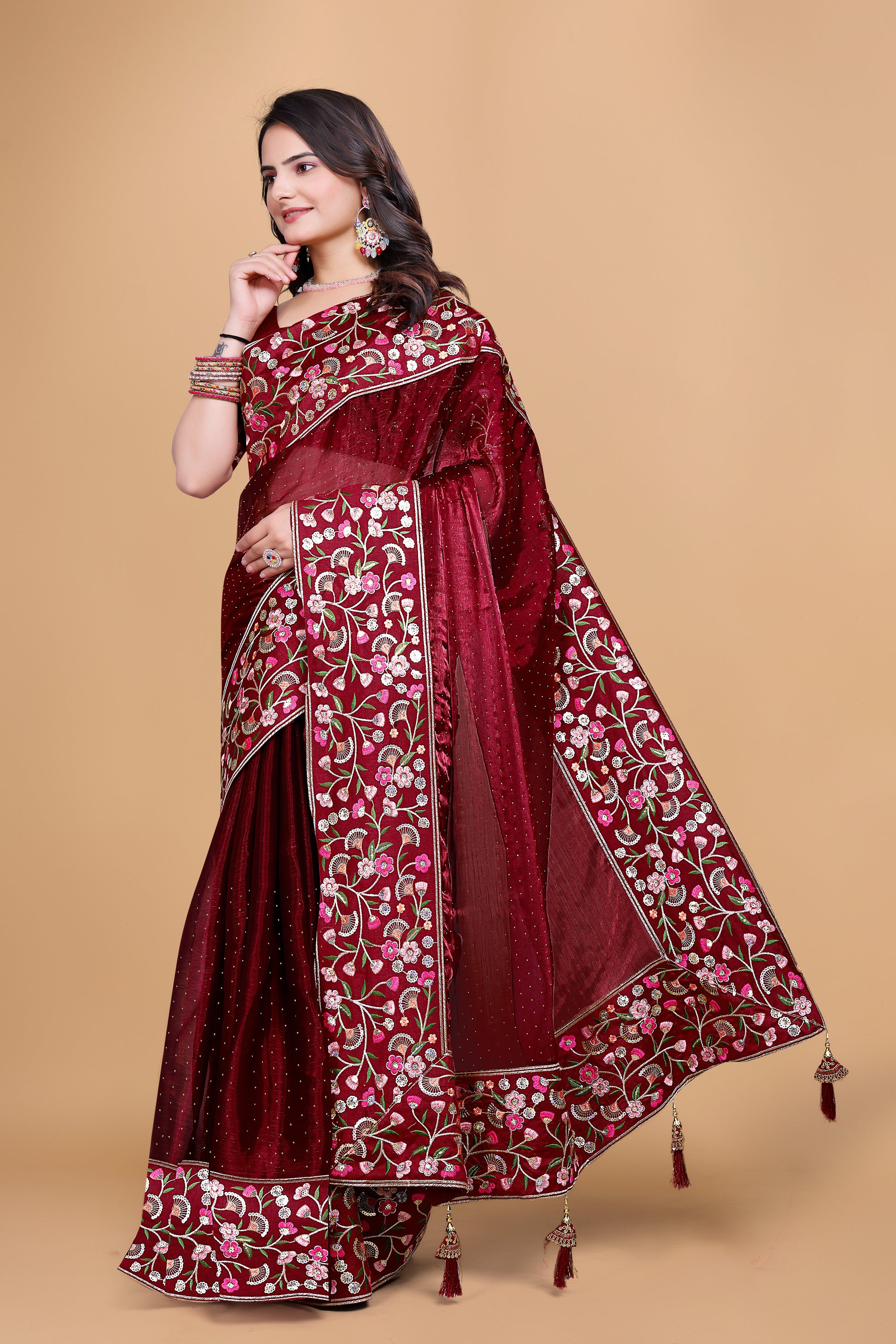NEW FANCY SAREE WITH BEAUTIFUL BIG EMBROIDERED LACE WITH BLOUSE